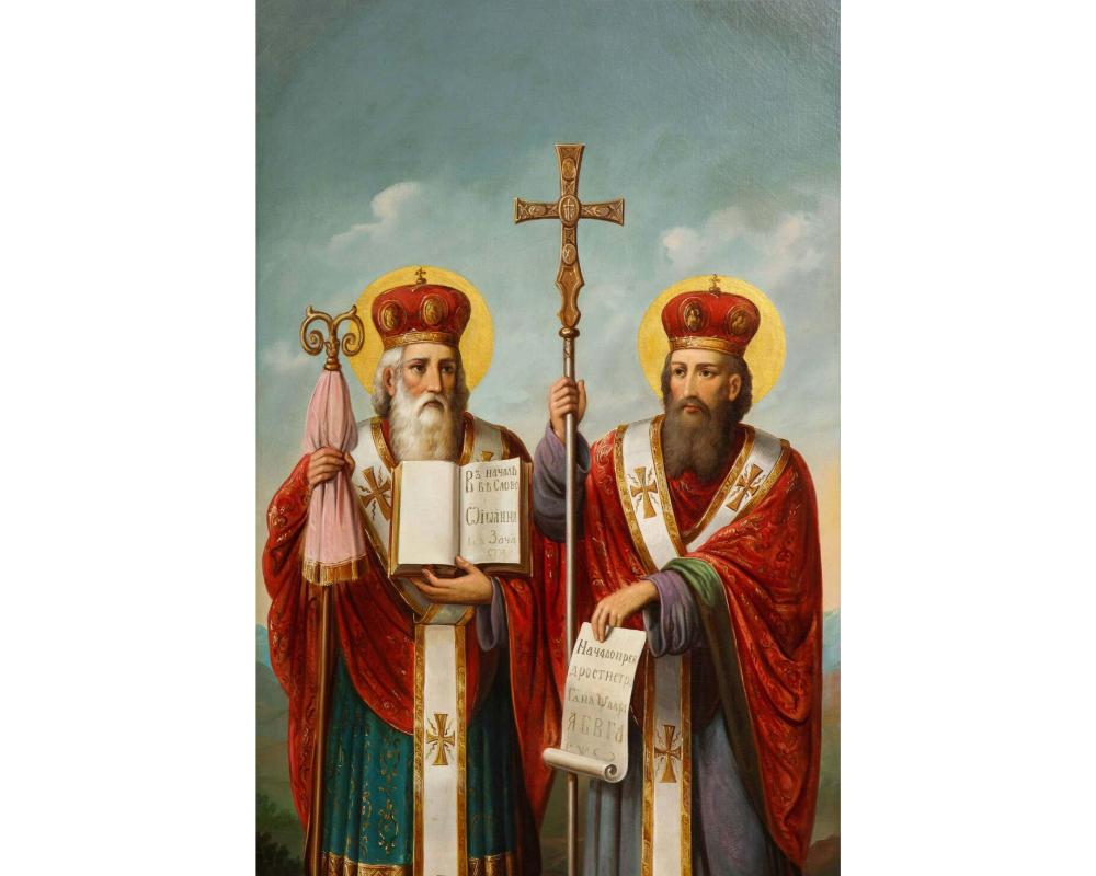 (Slavic School, 19. Jahrhundert) Ein großes Ölgemälde „Saints Cyril und Methodius“ (Europäisch) im Angebot
