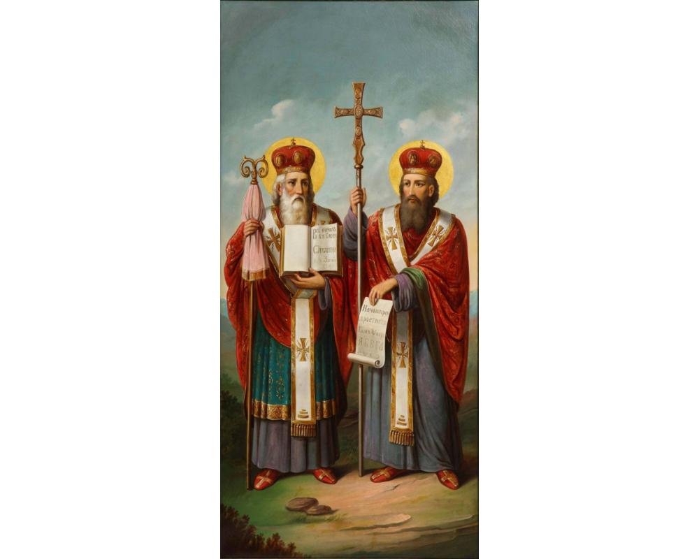 (Slavic School, 19. Jahrhundert) Ein großes Ölgemälde „Saints Cyril und Methodius“
 
Sehr gute Qualität des Bildes und des Themas. Von einem Meister gemalt, offenbar unsigniert.
 
Kyrill (geb. Konstantin, 826-869) und Methodius (815-885) waren zwei