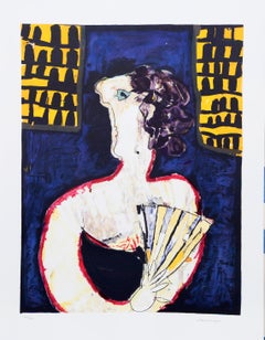 Vintage Woman with Fan, Art Brut Lithograph by Slavko Kopac
