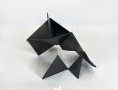 Black Geometry V, black metal steel 3D sculpture, dark matte aerosol paint