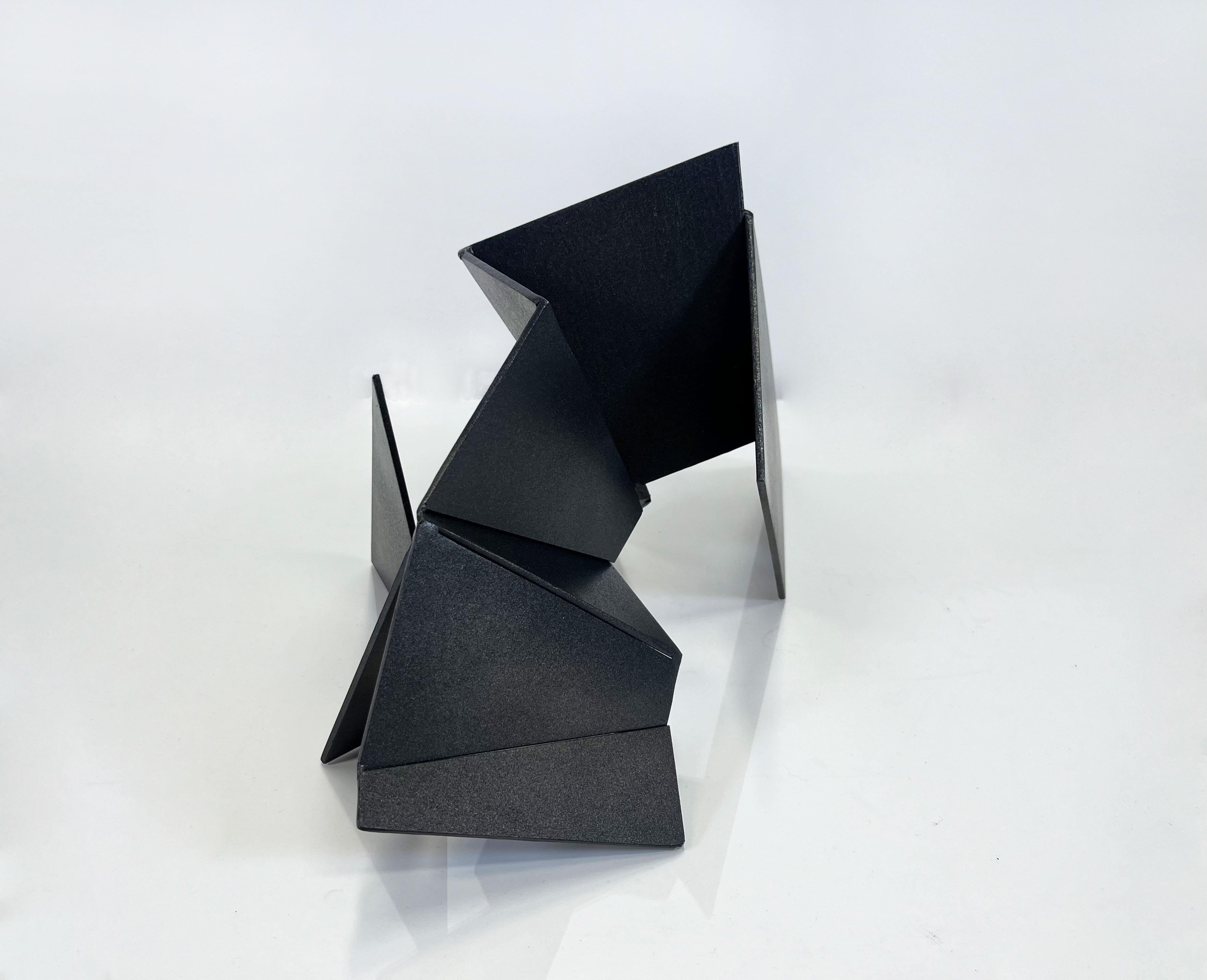 Black Geometry V, black metal steel 3D sculpture, dark matte aerosol paint For Sale 1
