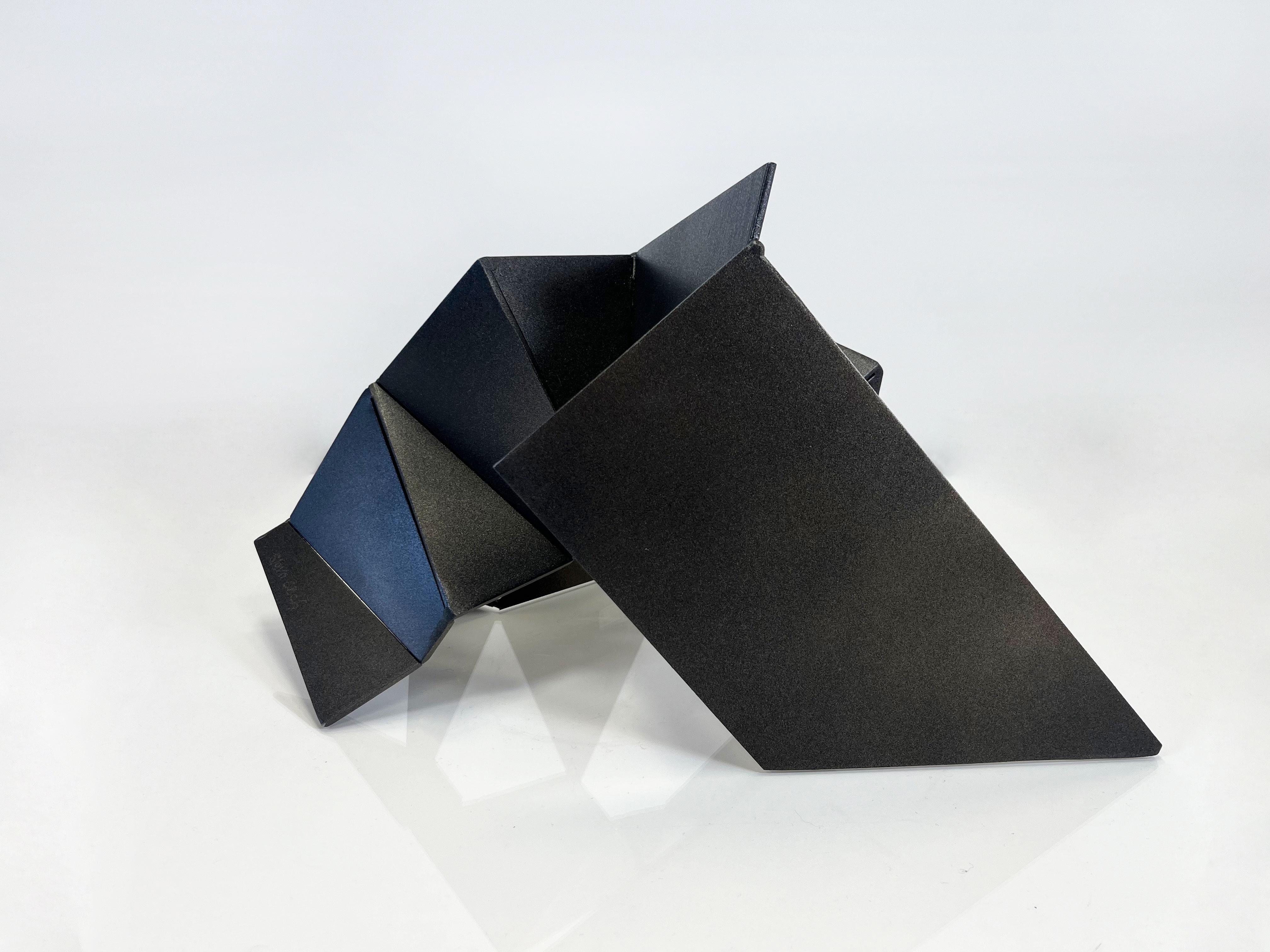 Black Geometry V, black metal steel 3D sculpture, dark matte aerosol paint For Sale 3