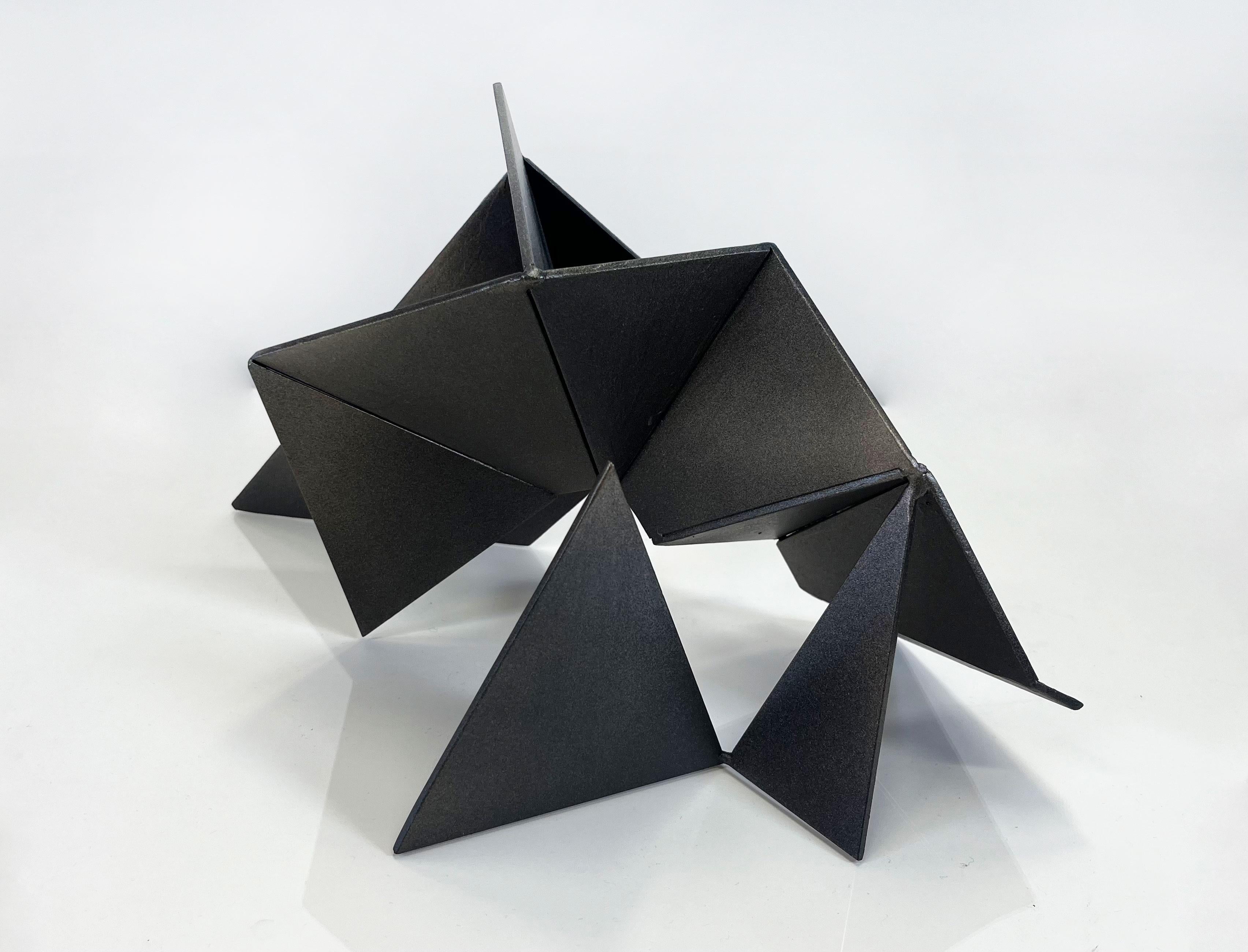 Black Geometry V, black metal steel 3D sculpture, dark matte aerosol paint - Art by Slavo Cech
