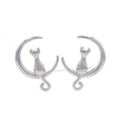 S.Leaf Cat Crescent Moon Stud Earrings - Sterling 925 Celestial Felines Pierced