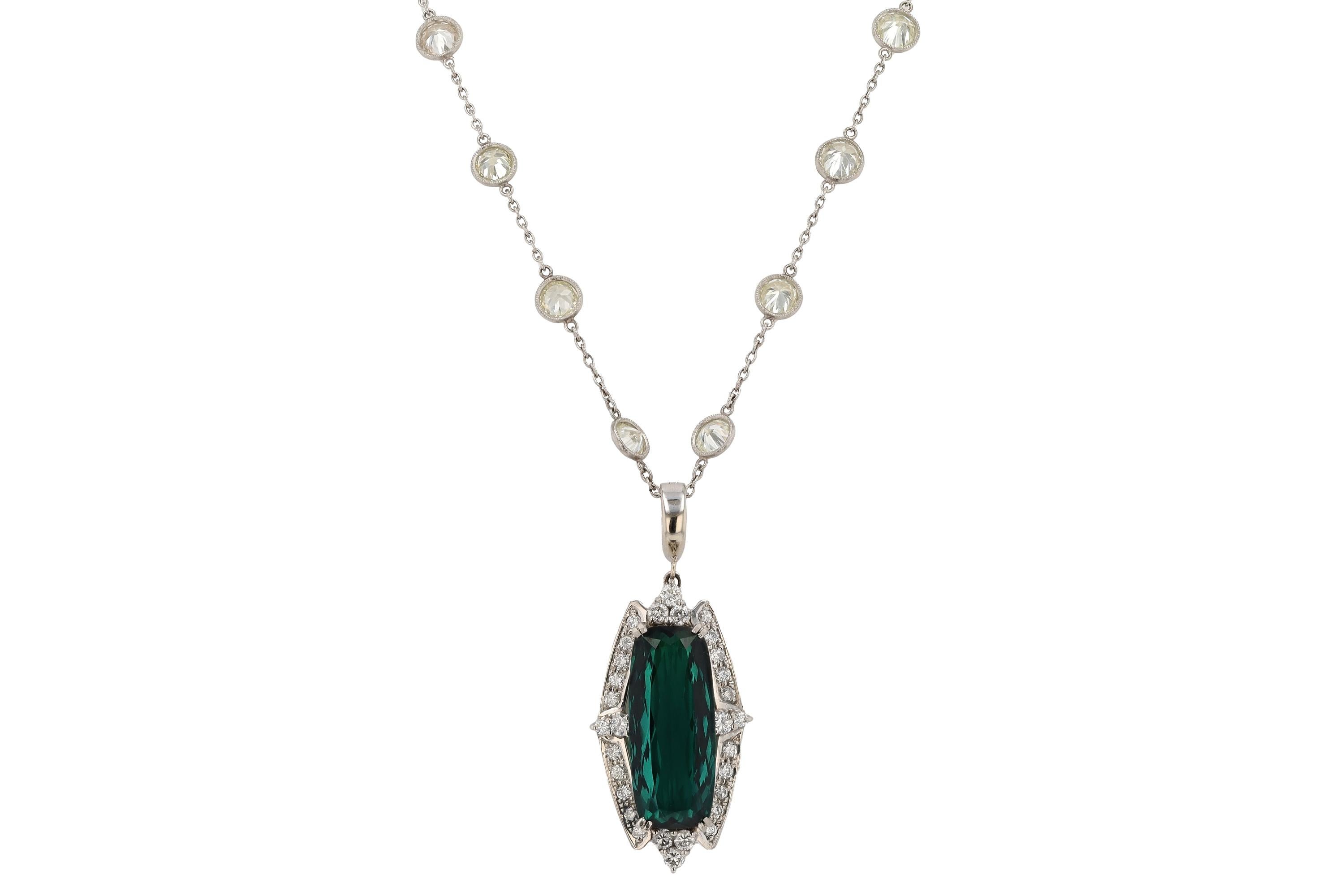 Sleek 10 Carat Tourmaline and Diamond Enhancer Necklace For Sale 3
