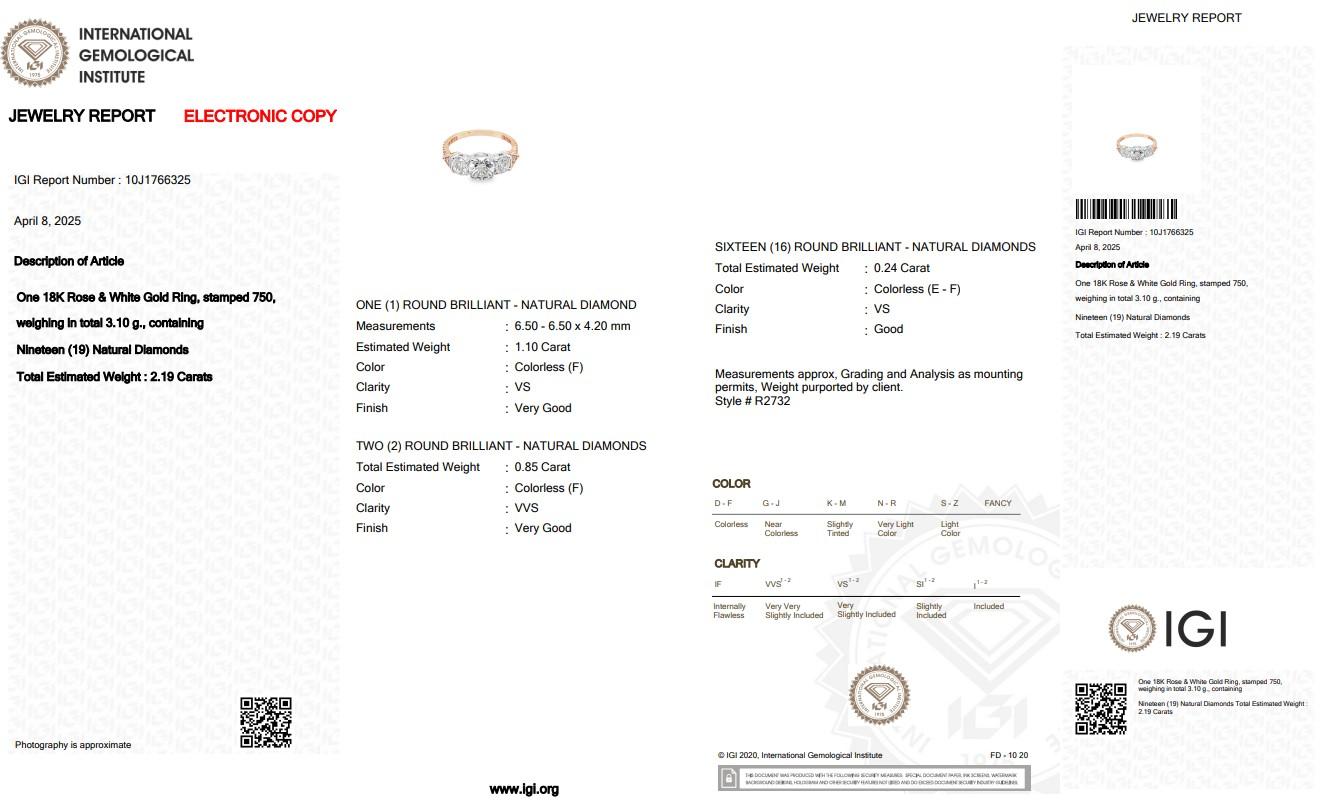 Elegante anello a tre pietre con 2,19 carati di diamanti in oro rosa e bianco 18 carati - certificato IGI in vendita 1