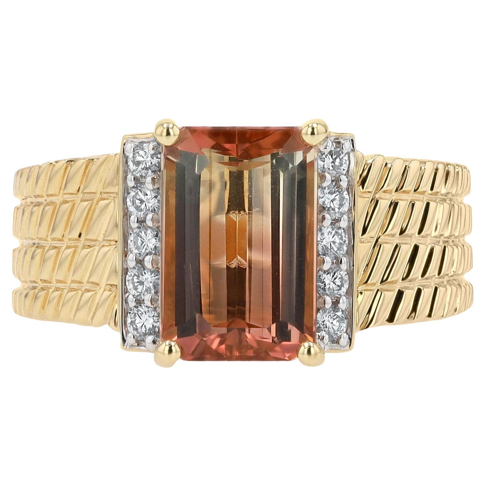 Sleek 3 Carat Bicolor Tourmaline and Diamond 18k Gold Engagement Ring