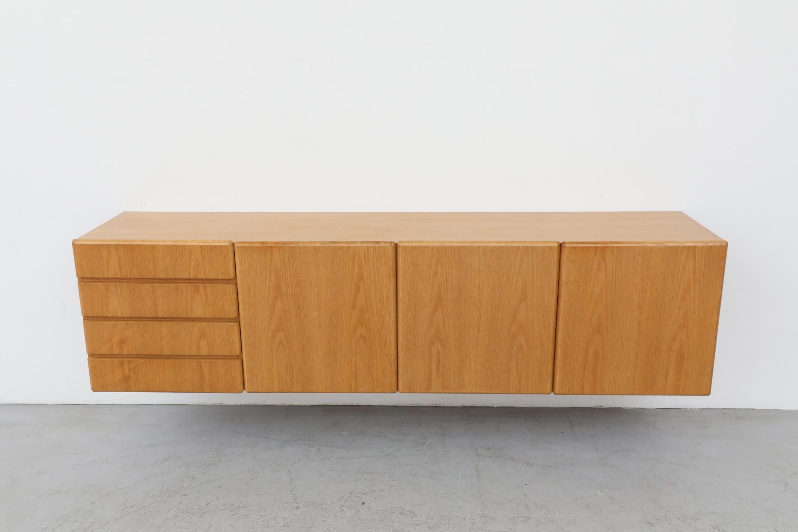 Sleek 70's Floating Wall Mount Oak Credenza In Good Condition In Los Angeles, CA