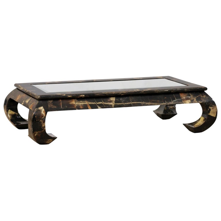 Sleek and Modern Water Buffalo Veneer Coffee Table with Glass Top at