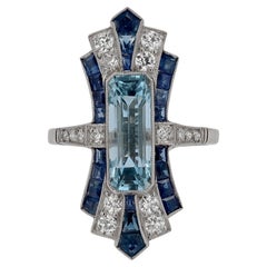 Sleek Art Deco Aquamarine and Sapphire Long Cocktail Ring