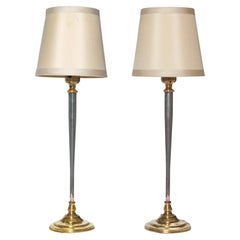 Sleek Art Deco German Brass & White Metal Tapered Buffet Lamps