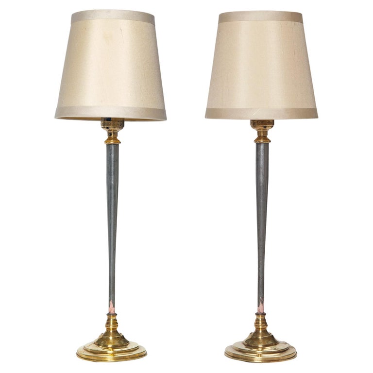Sleek Art Deco German Brass and White Metal Tapered Buffet Lamps at