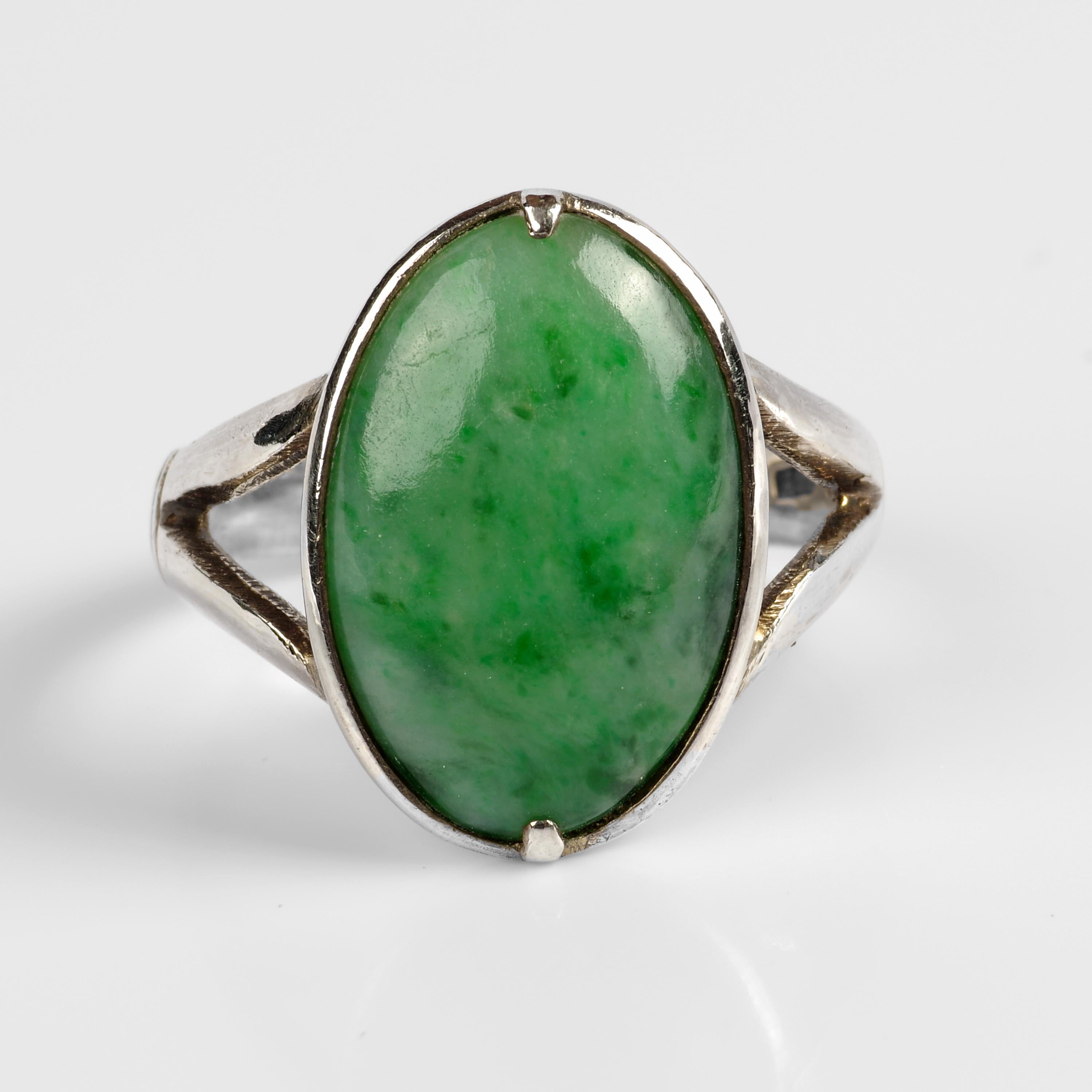 Cabochon Sleek Art Deco Jade Ring Certified Untreated