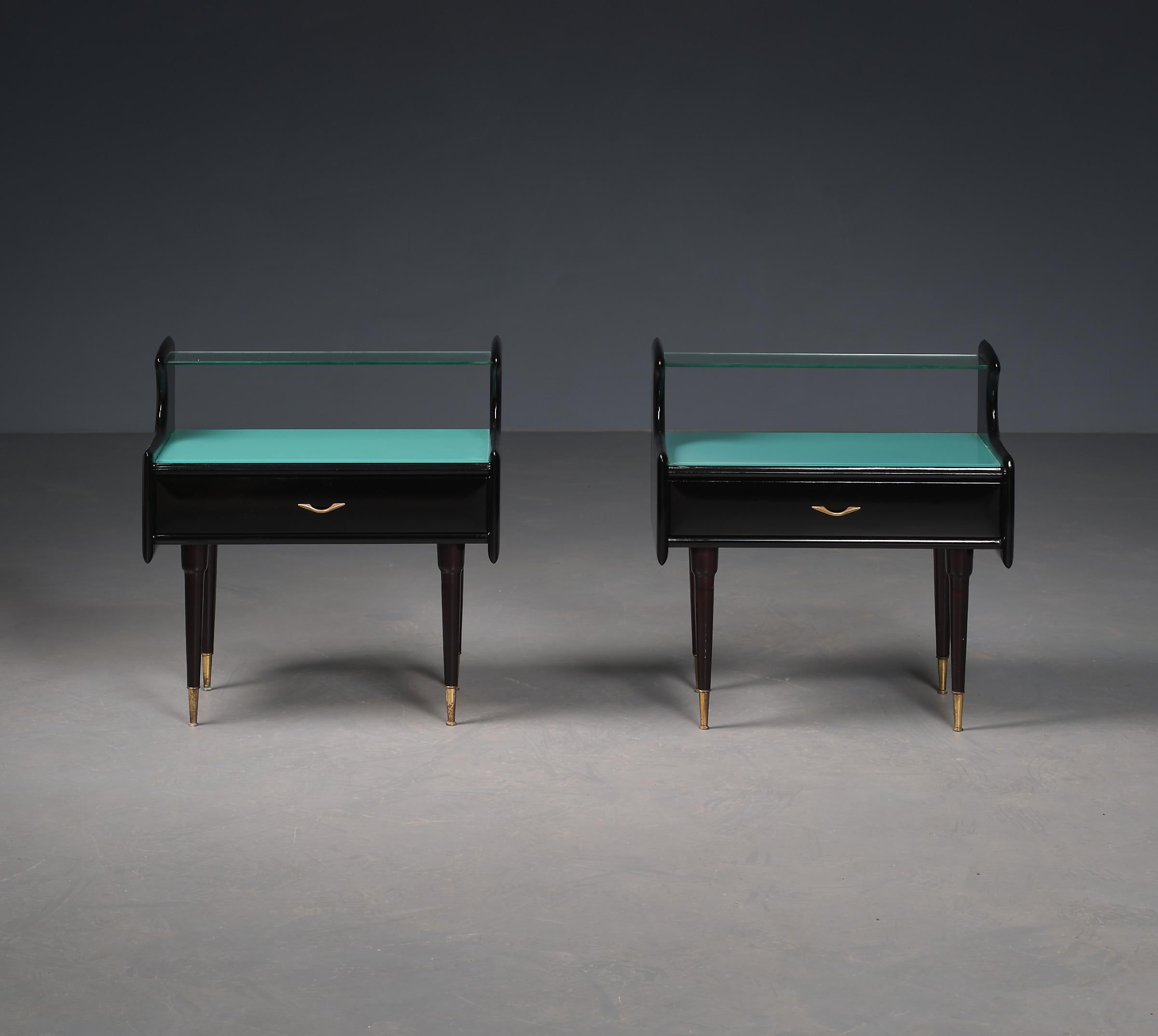 Mid-20th Century Sleek Black Italian Nightstands with Emerald Details - 1950s For Sale