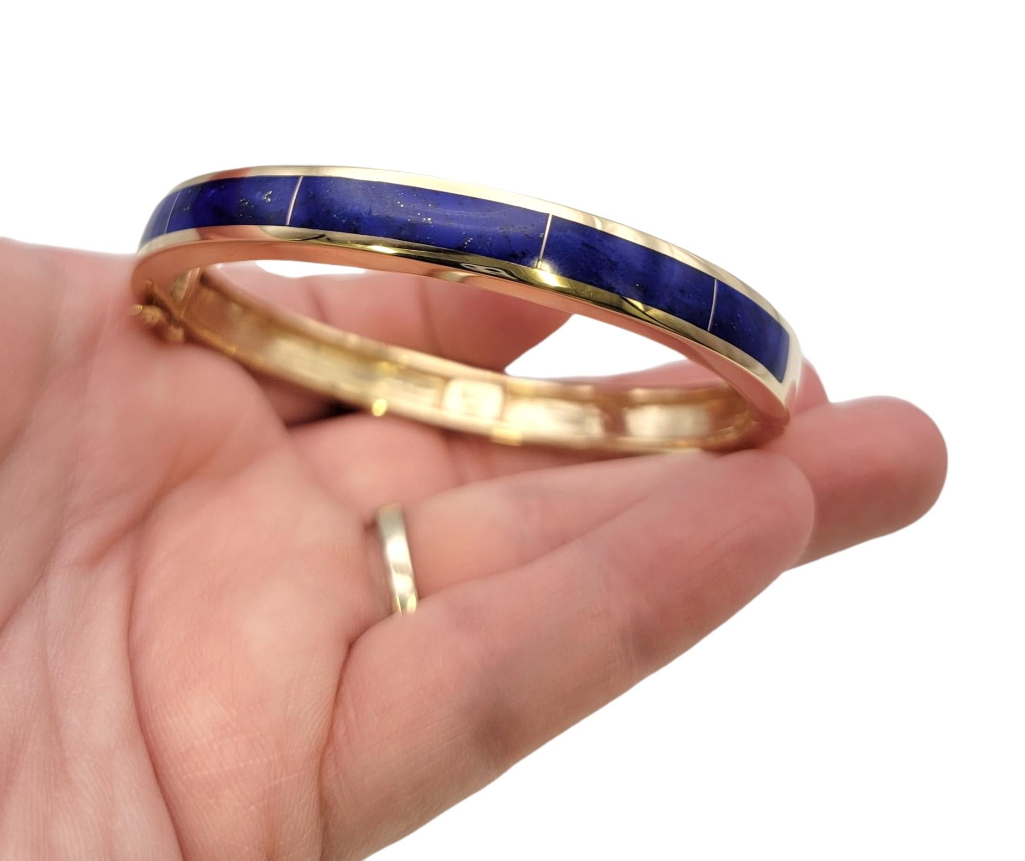 Sleek Blue Lapis Lazuli Inlay and 14 Karat Yellow Gold Hinged Bangle Bracelet  3