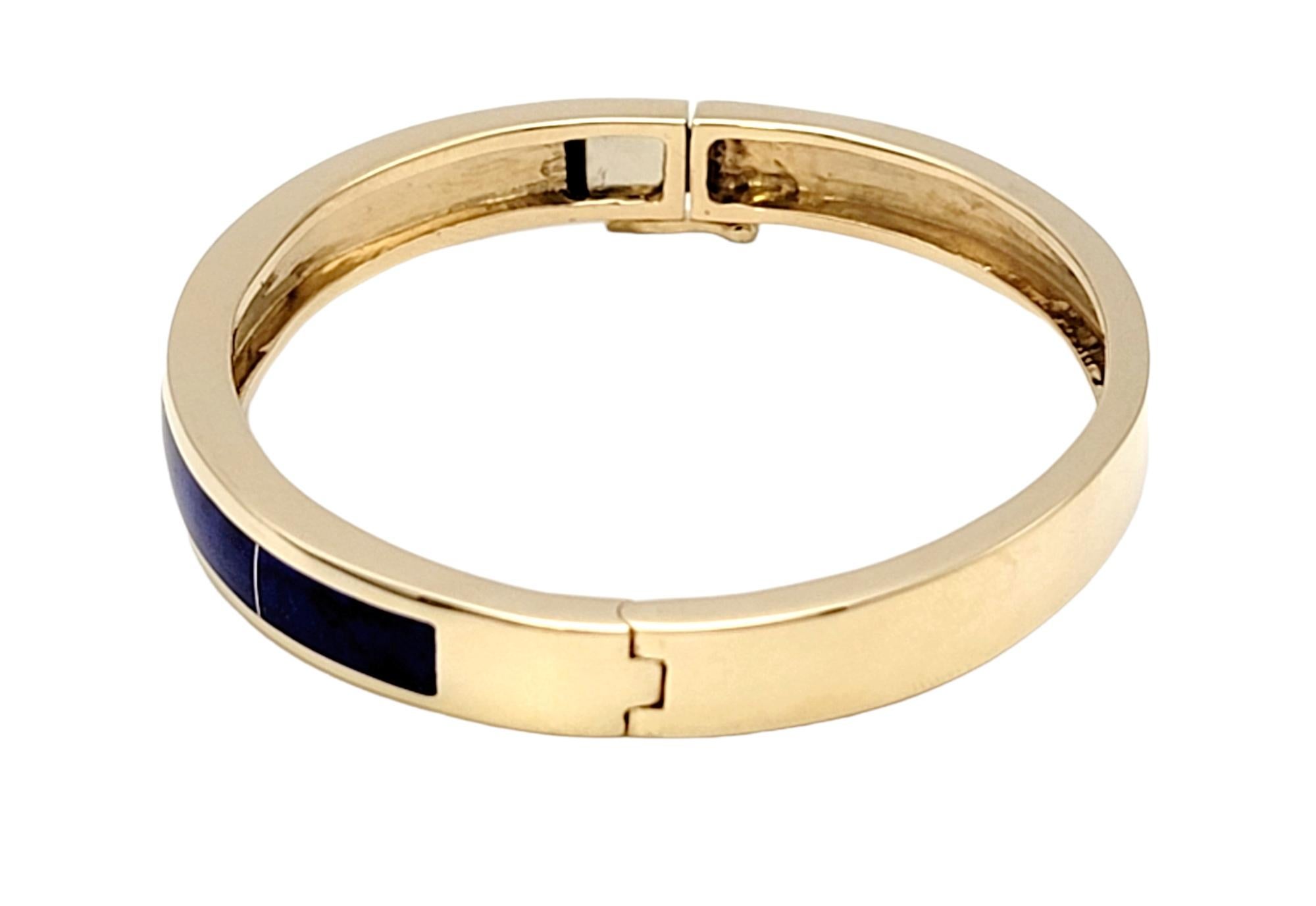 Contemporary Sleek Blue Lapis Lazuli Inlay and 14 Karat Yellow Gold Hinged Bangle Bracelet 