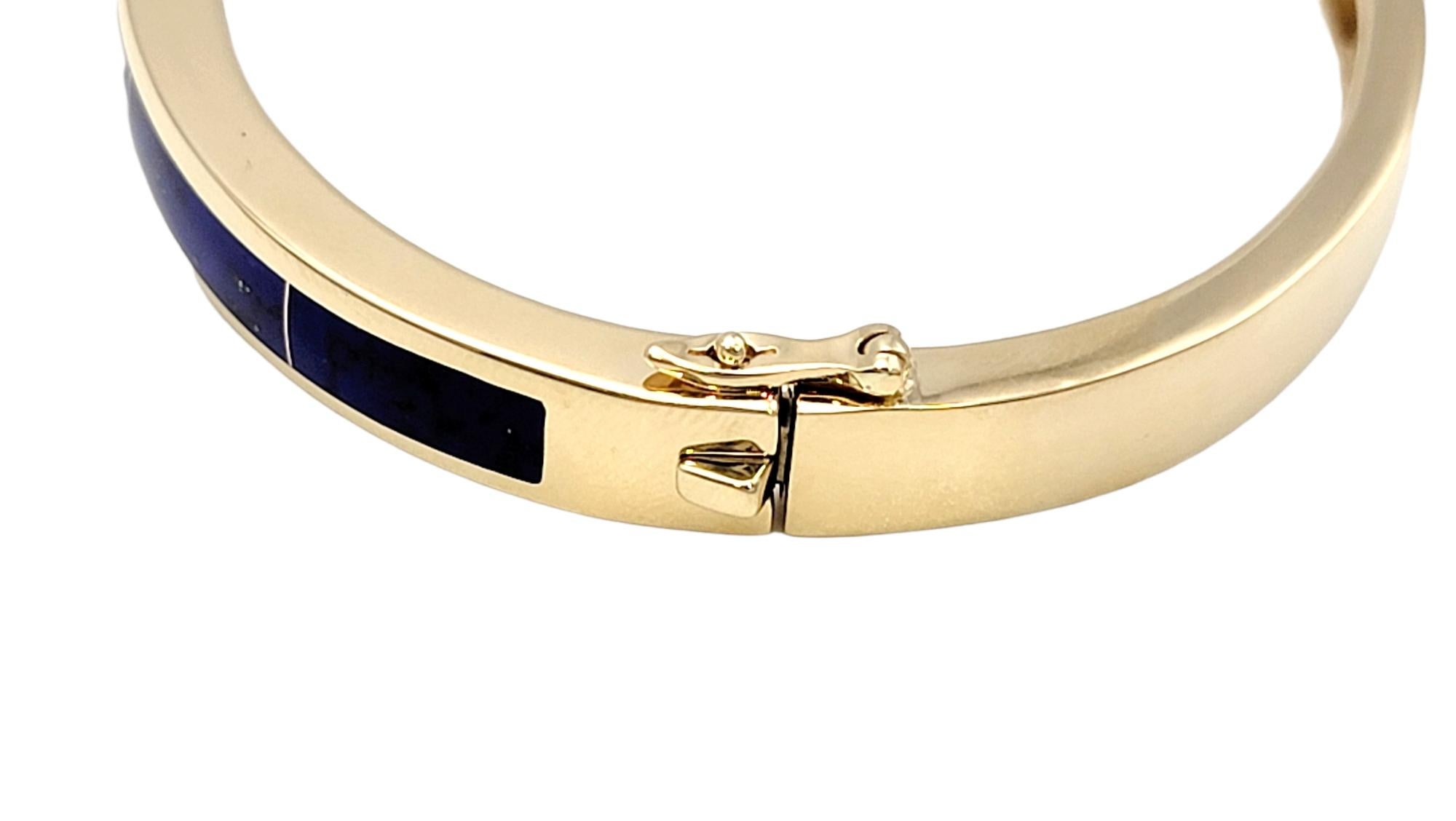 Sleek Blue Lapis Lazuli Inlay and 14 Karat Yellow Gold Hinged Bangle Bracelet  In Good Condition In Scottsdale, AZ