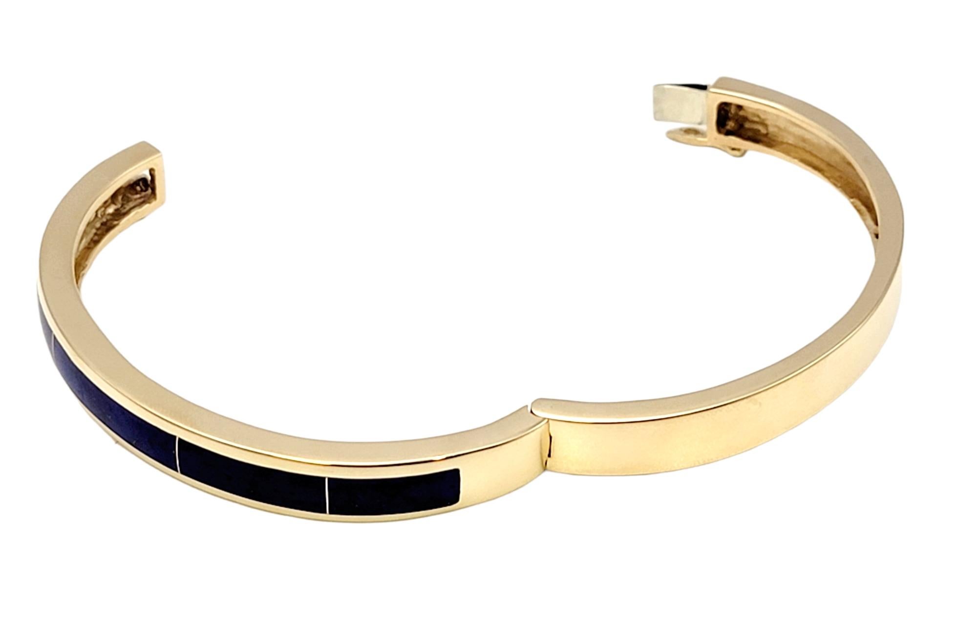 Women's Sleek Blue Lapis Lazuli Inlay and 14 Karat Yellow Gold Hinged Bangle Bracelet 