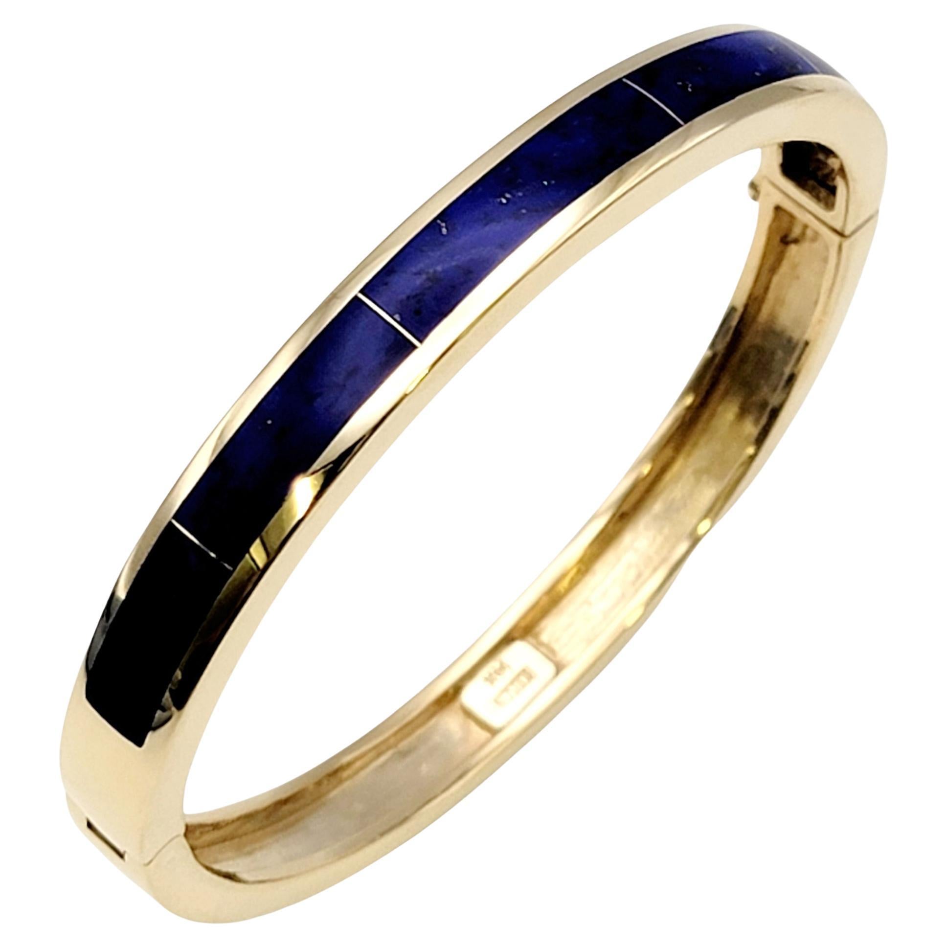 Sleek Blue Lapis Lazuli Inlay and 14 Karat Yellow Gold Hinged Bangle Bracelet 