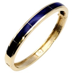 Vintage Sleek Blue Lapis Lazuli Inlay and 14 Karat Yellow Gold Hinged Bangle Bracelet 