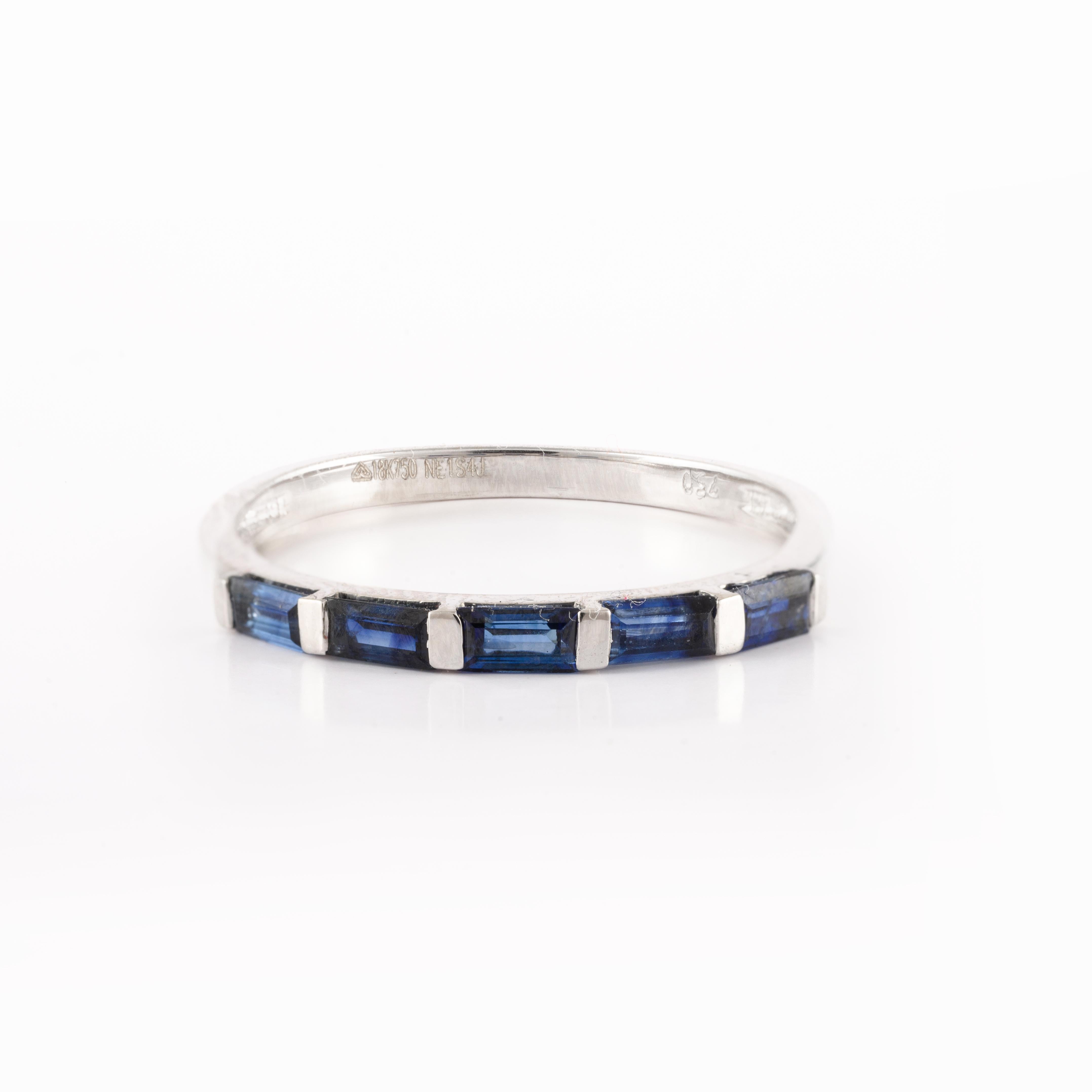 For Sale:  Sleek Blue Sapphire Stackable Band Handmade Birthstone Ring 18k White Gold 2