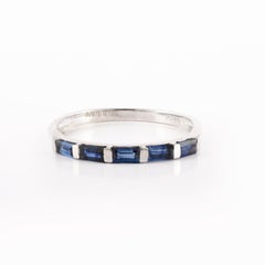 Sleek Blue Sapphire Stackable Band Handmade Birthstone Ring 18k White Gold