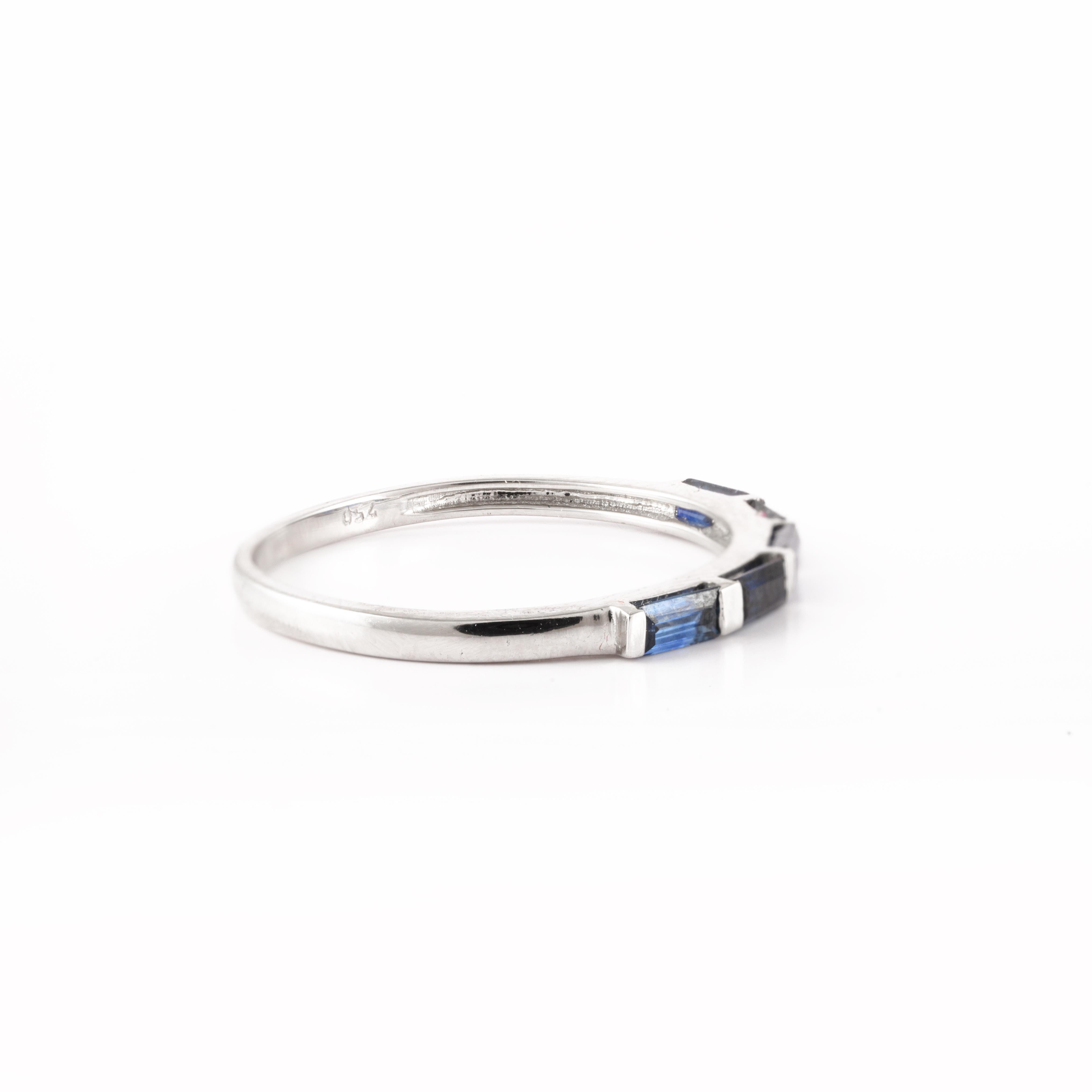 For Sale:  Sleek Blue Sapphire Stackable Band Handmade Birthstone Ring 18k White Gold 4