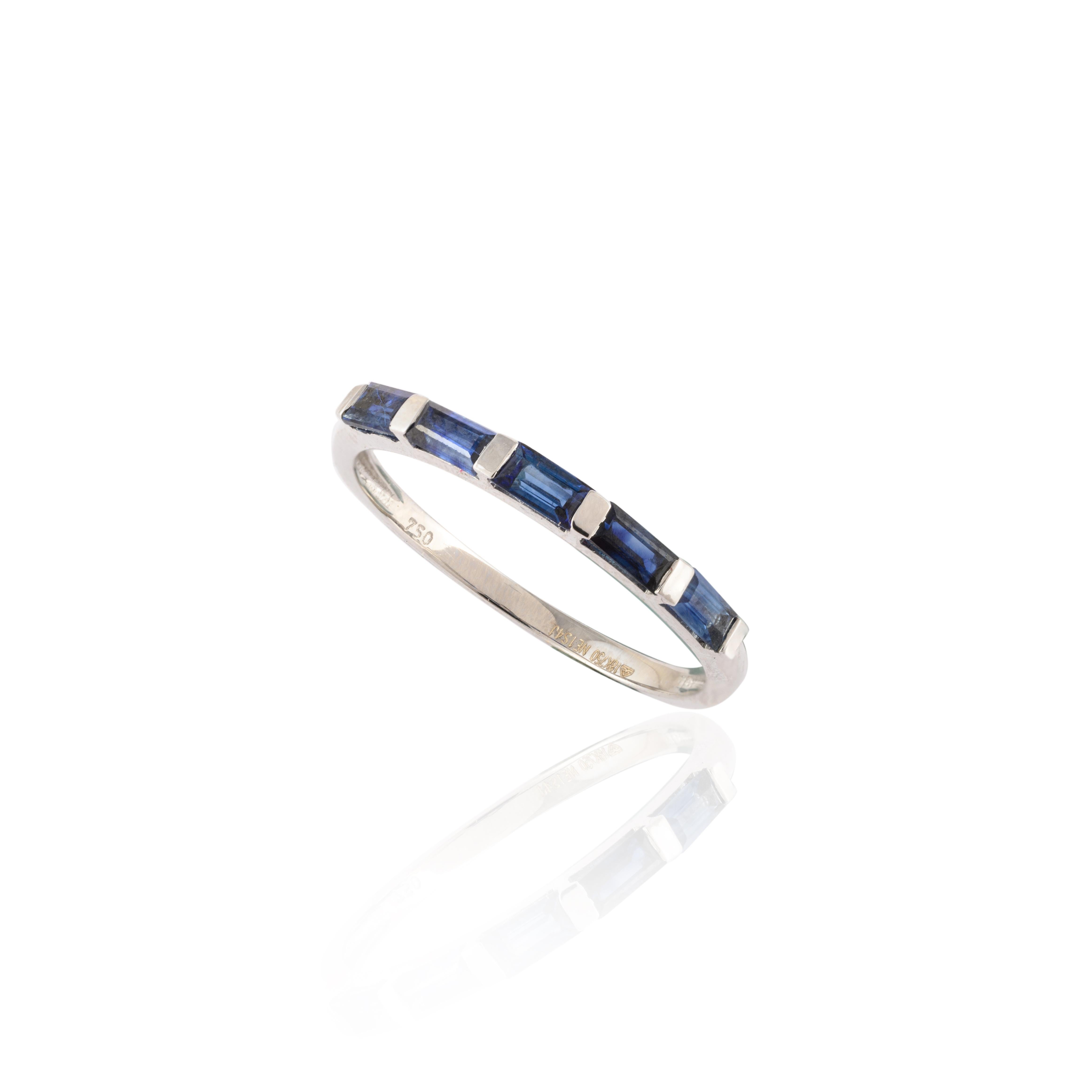 For Sale:  Sleek Blue Sapphire Stackable Band Handmade Birthstone Ring 18k White Gold 8