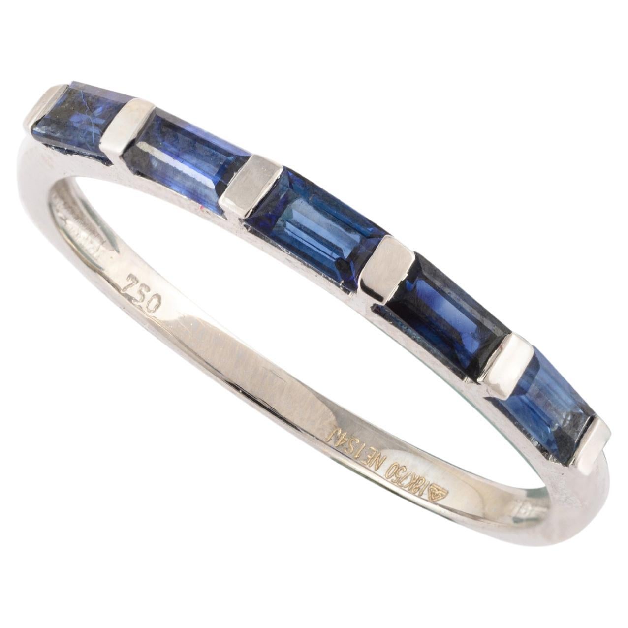 Sleek Blue Sapphire Stackable Band Handmade Birthstone Ring 18k White Gold