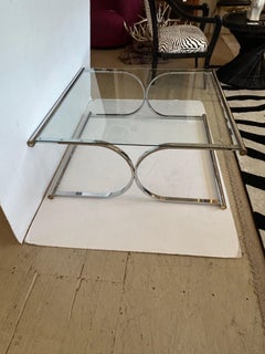 Sleek Chrome and Glass X Motif Large Square Coffee Table with Brass Accents