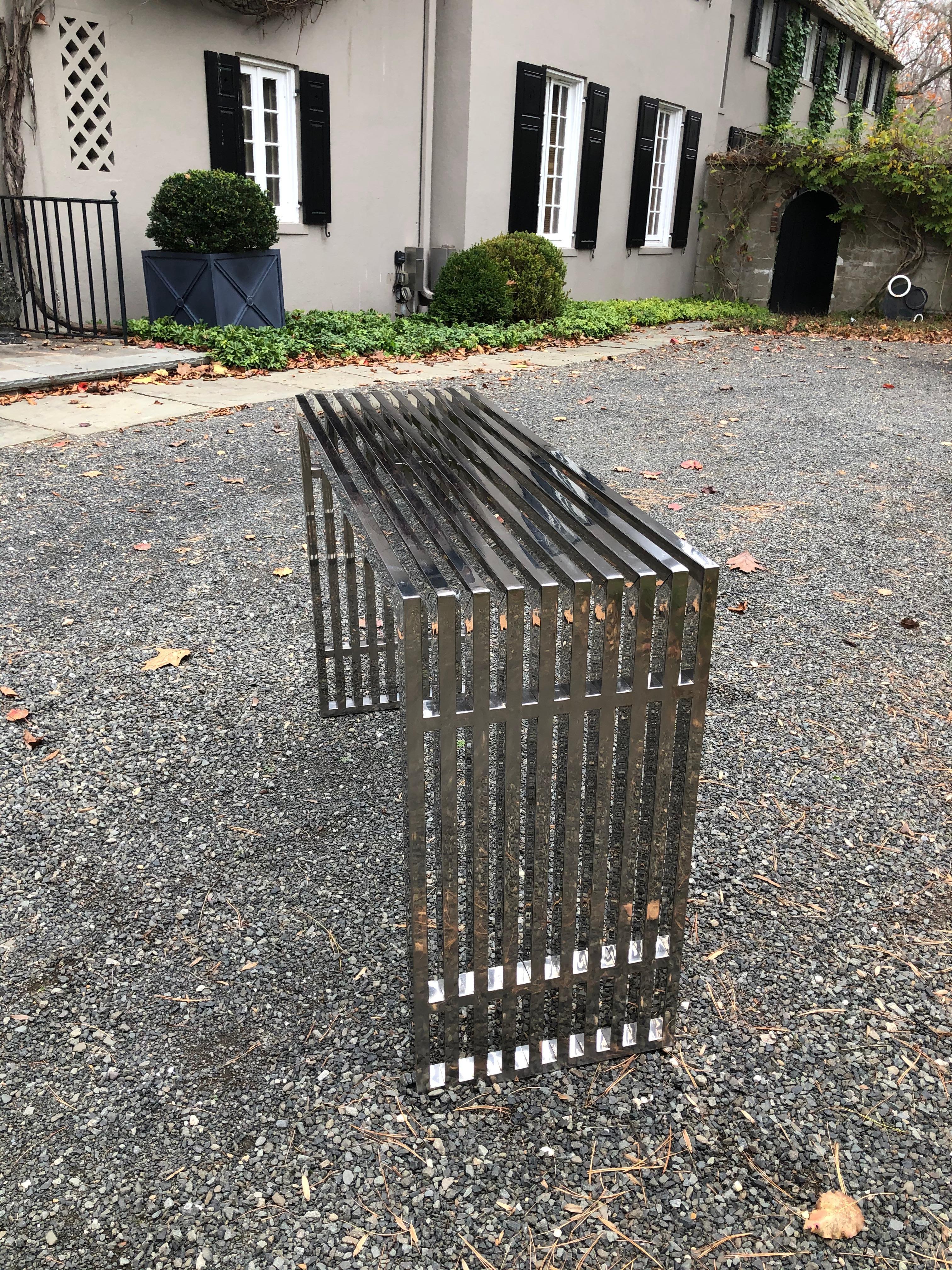 Mid-Century Modern Sleek Chrome Rectangular Console Sofa Table with Chrome Architectural Pattern