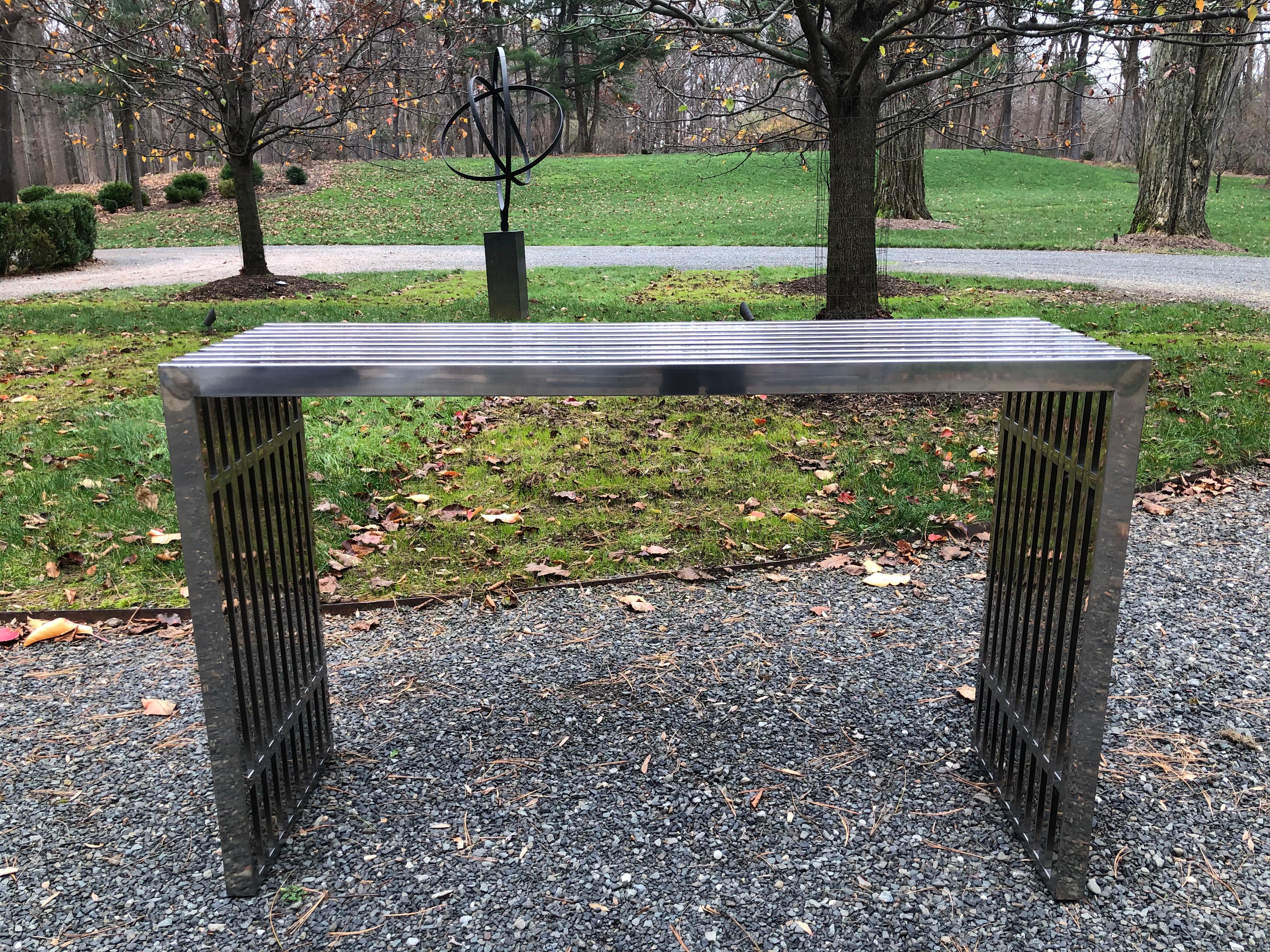 Sleek Chrome Rectangular Console Sofa Table with Chrome Architectural Pattern 1