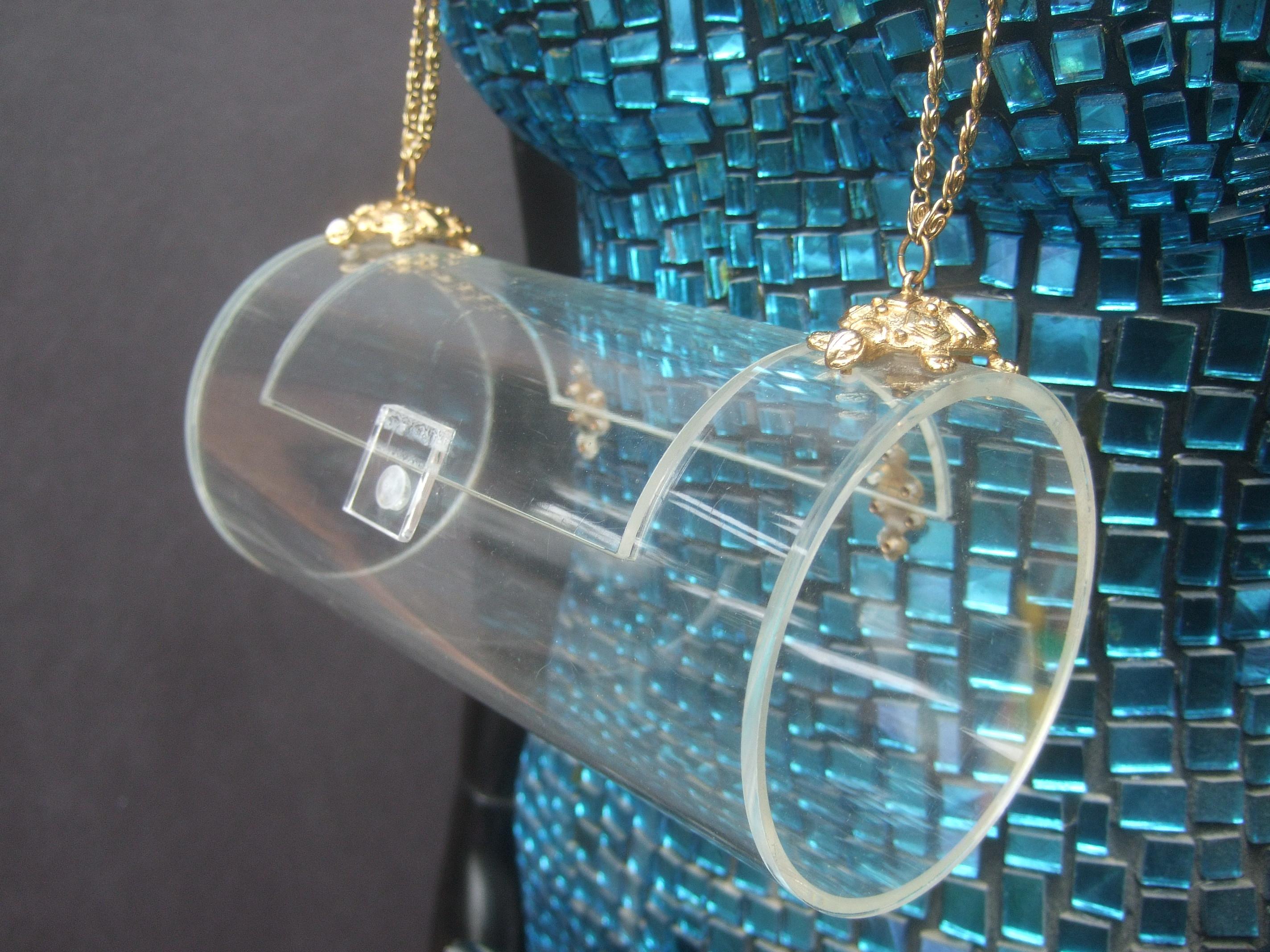 Sleek Clear Lucite Cylinder Turtle Medallion Shoulder Bag c 1970s 1