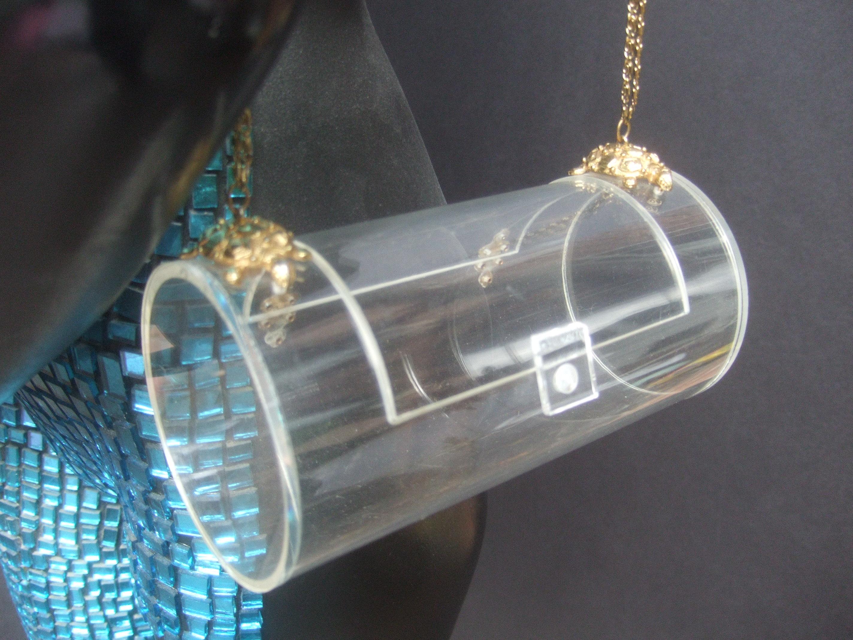 Sleek Clear Lucite Cylinder Turtle Medallion Shoulder Bag c 1970s 2