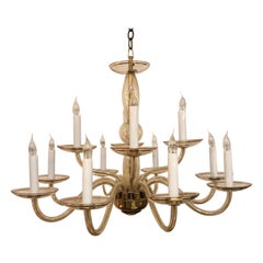 Sleek Clear Murano Glass 12-Arm Chandelier with Gold Leaf Decoration