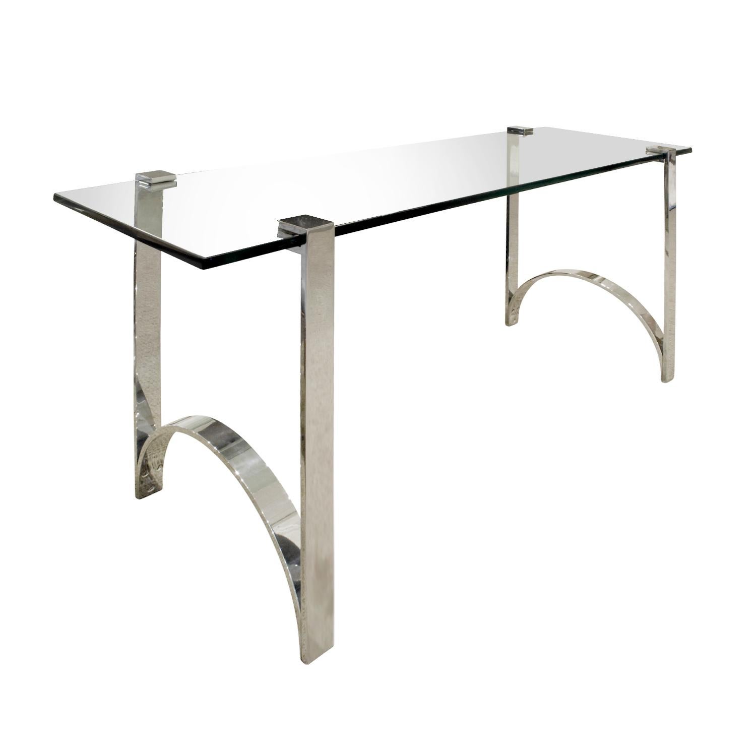Console table with sculptural polished chrome supports with inset glass top, American, 1970s. A new glass top can be fabricated to spec. if different dimensions are required.
