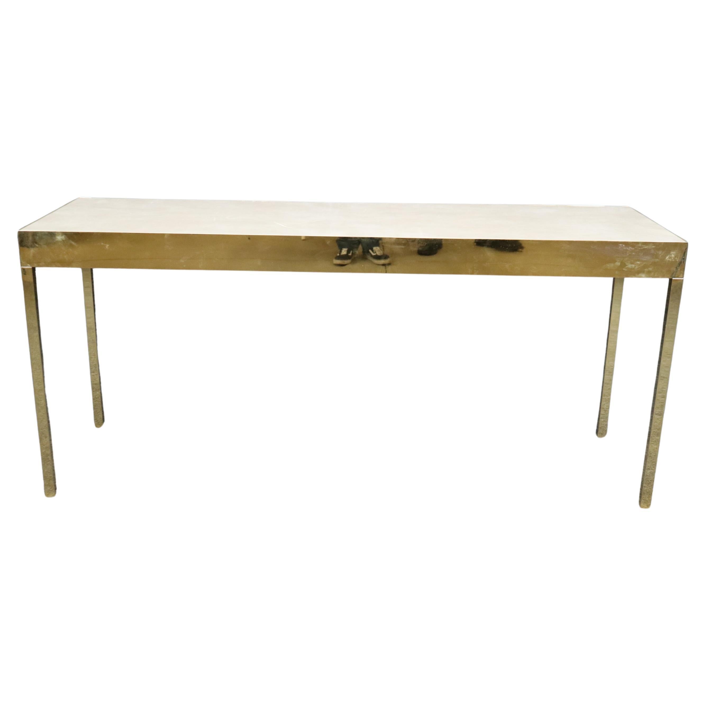 Sleek Contemporary Brass Flashed Faux Leather Milo Baughman Style Console Table 