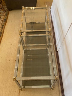 Sleek Contemporary MCM Chrome Brass and Glass Two Tiered End Tables