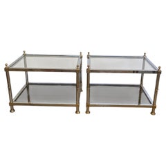 Sleek Contemporary MCM Chrome Brass and Glass Two Tiered End Tables