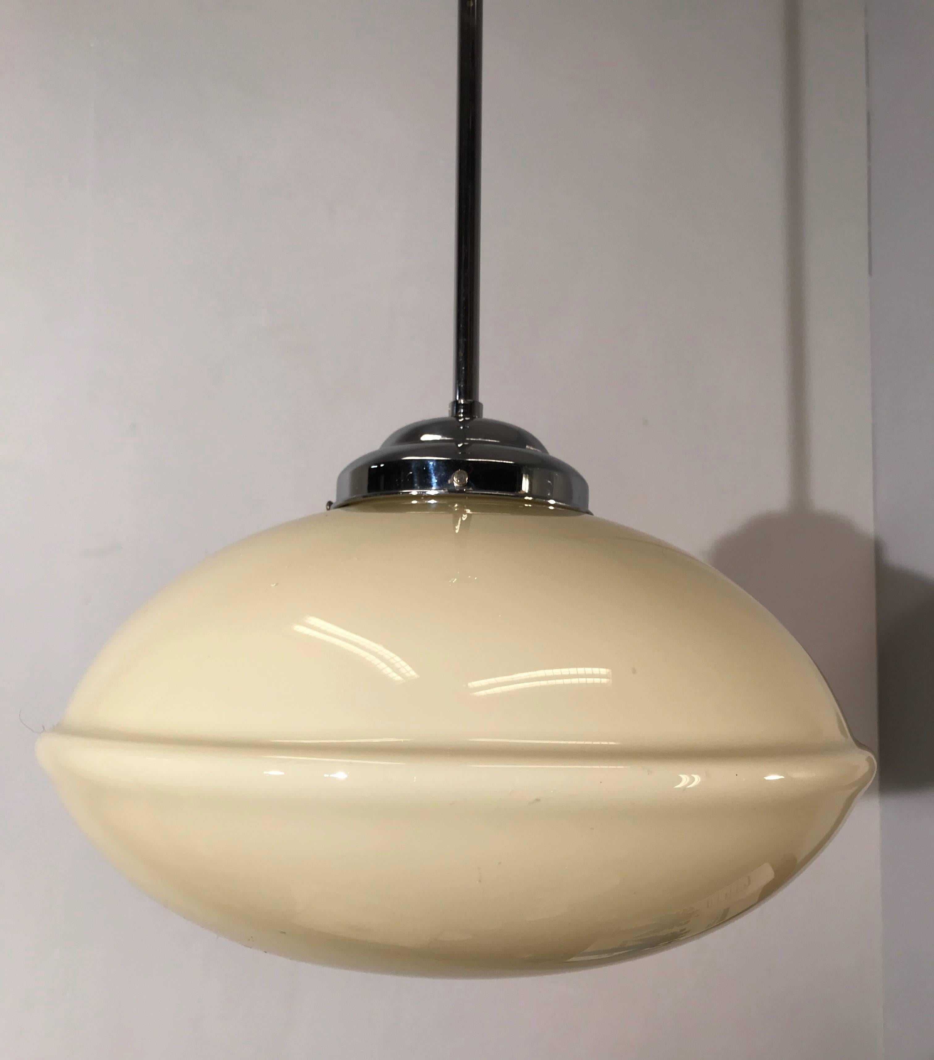 Sleek Design Art Deco Chrome & Opaline Glass Pendant Light Attributed to Gispen 10