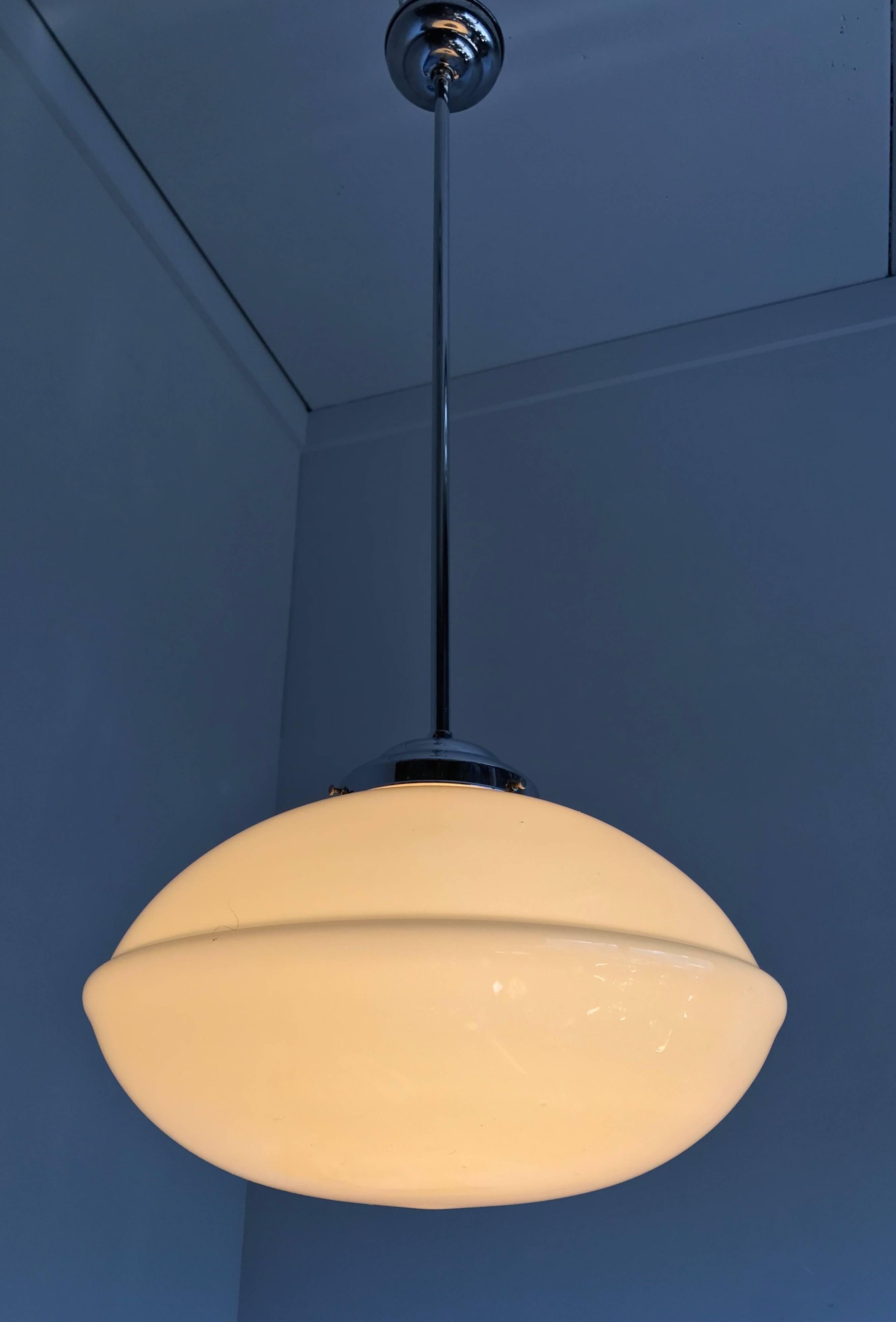 Dutch Sleek Design Art Deco Chrome & Opaline Glass Pendant Light Attributed to Gispen