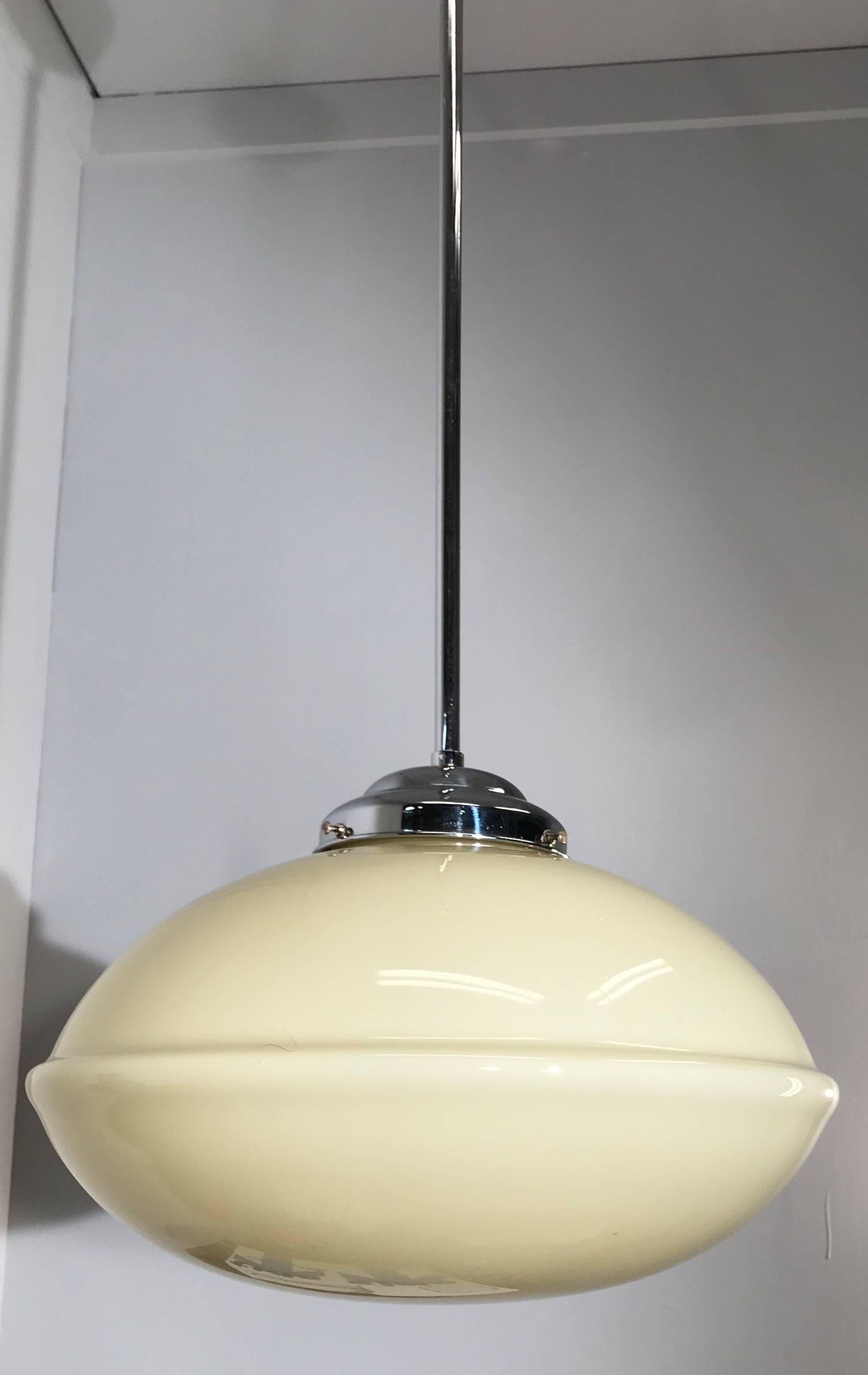 Sleek Design Art Deco Chrome & Opaline Glass Pendant Light Attributed to Gispen In Excellent Condition In Lisse, NL