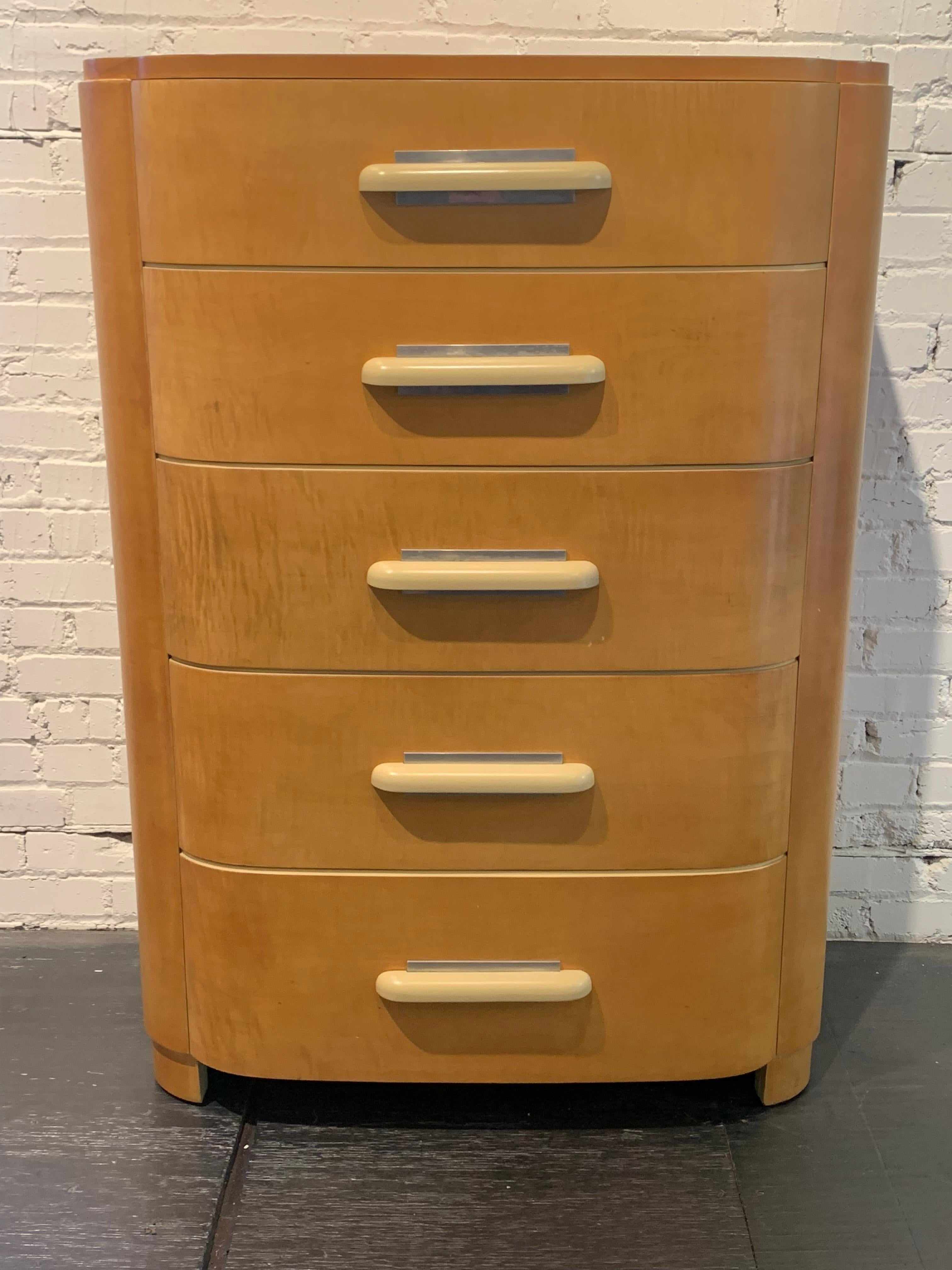 American Sleek Donald Deskey Art Deco High Boy Dresser for Widdicomb Furniture in Maple For Sale