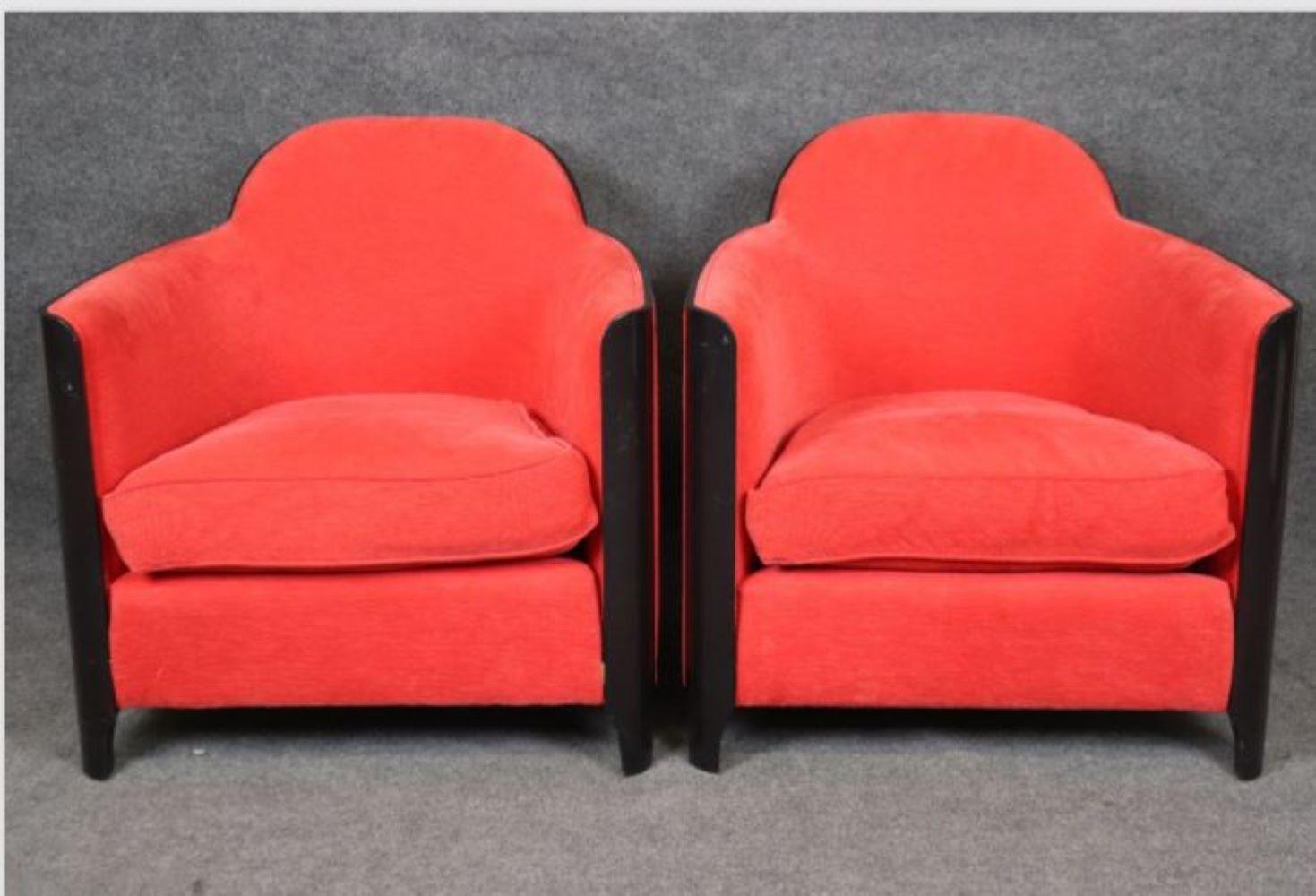 Hardwood Sleek Pair of Ebonized Art Deco Club Chairs in Red Upholstery Circa 1930s Era For Sale