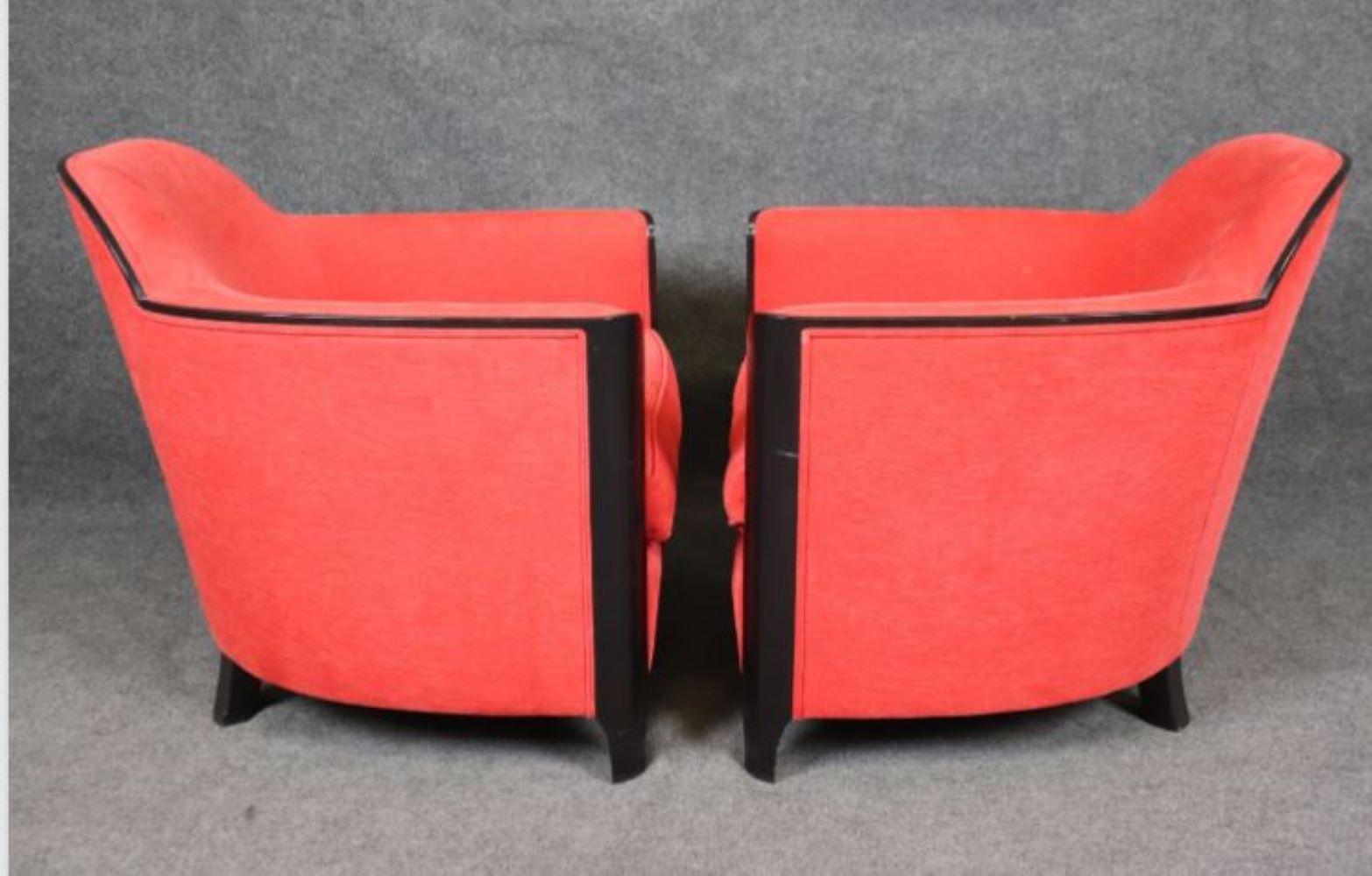 Sleek Pair of Ebonized Art Deco Club Chairs in Red Upholstery Circa 1930s Era For Sale 1