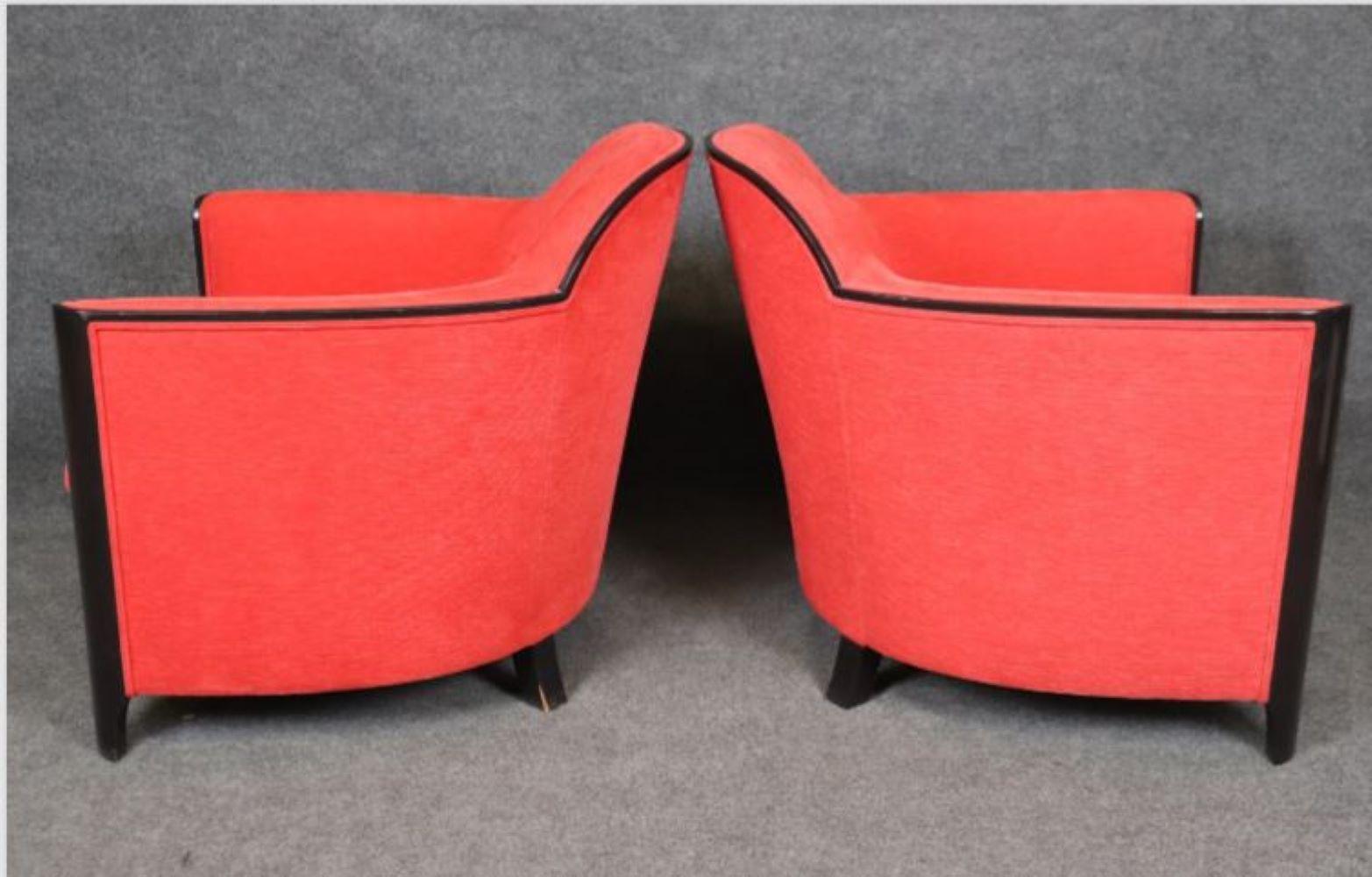 Sleek Pair of Ebonized Art Deco Club Chairs in Red Upholstery Circa 1930s Era For Sale 2