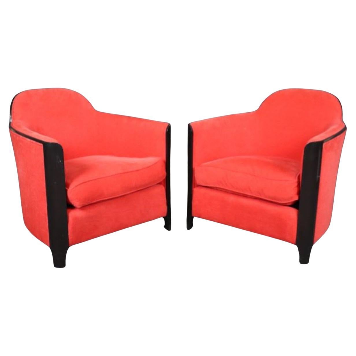 Sleek Pair of Ebonized Art Deco Club Chairs in Red Upholstery Circa 1930s Era For Sale