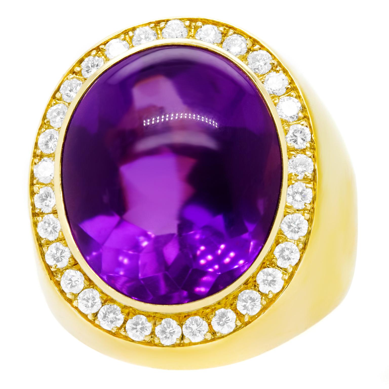 Contemporary Sleek Eighties Diamond and Amethyst-Set Gold Ring