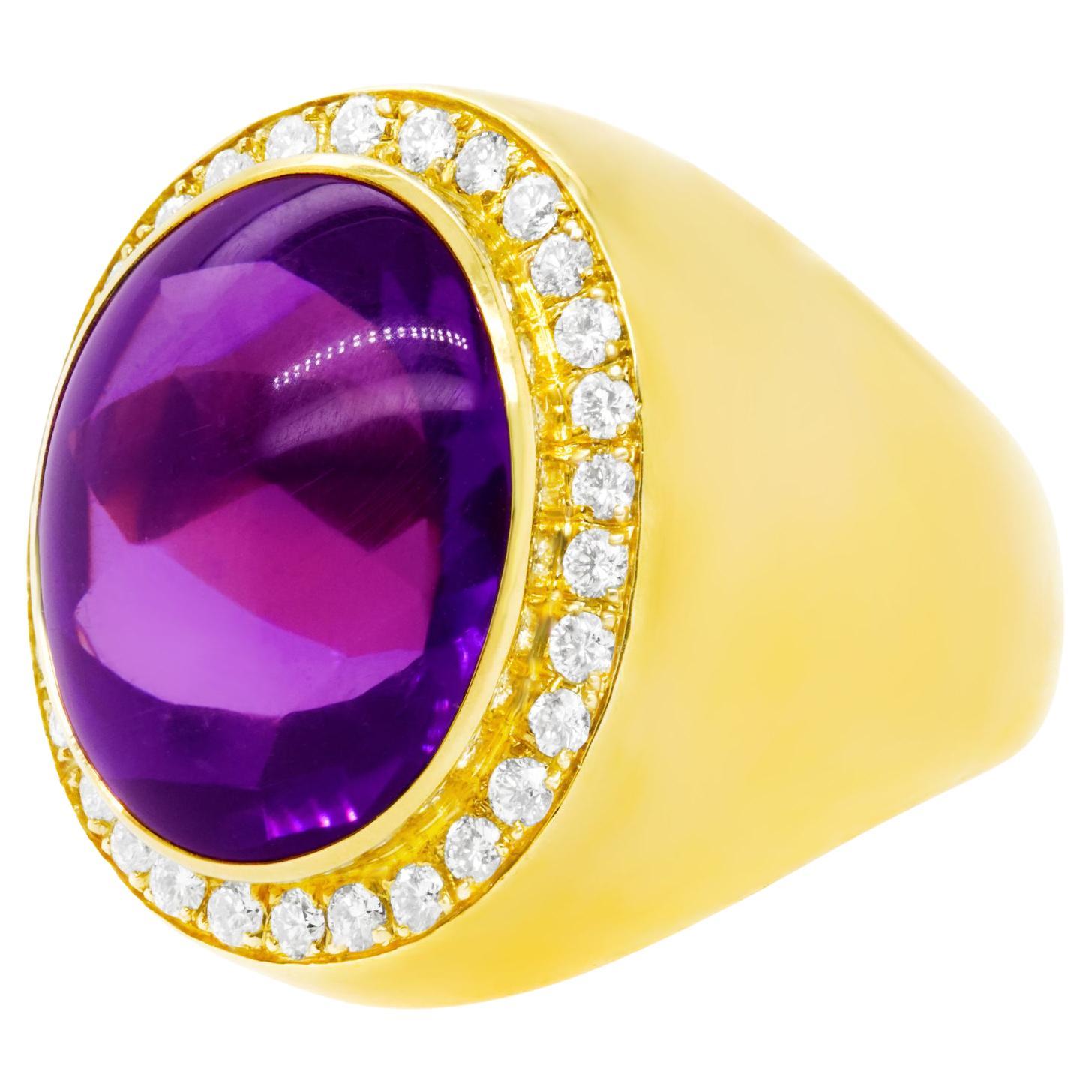 Sleek Eighties Diamond and Amethyst-Set Gold Ring
