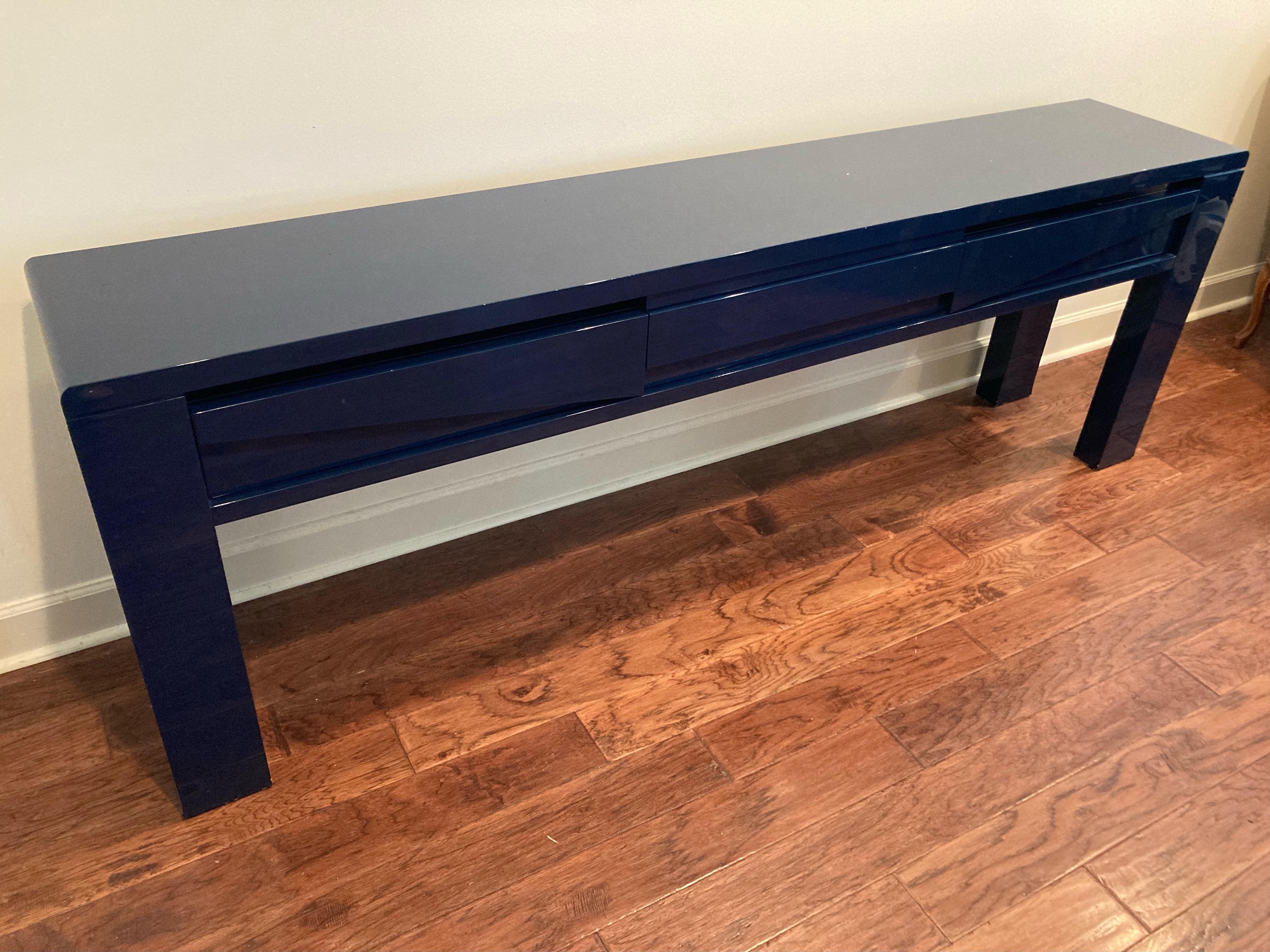 Wood Sleek Emiel Veranneman Shiny Blue Lacquer Mid-Century Modern Console Table For Sale